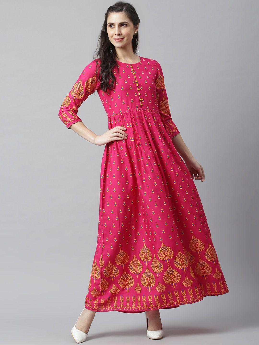 metro-fashion pink ethnic motifs printed midi dress