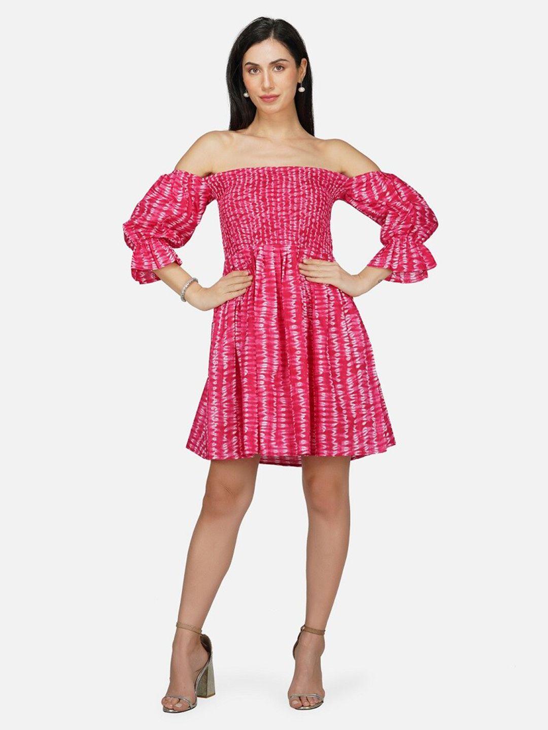 metro-fashion pink print off-shoulder puff sleeve fit & flare dress