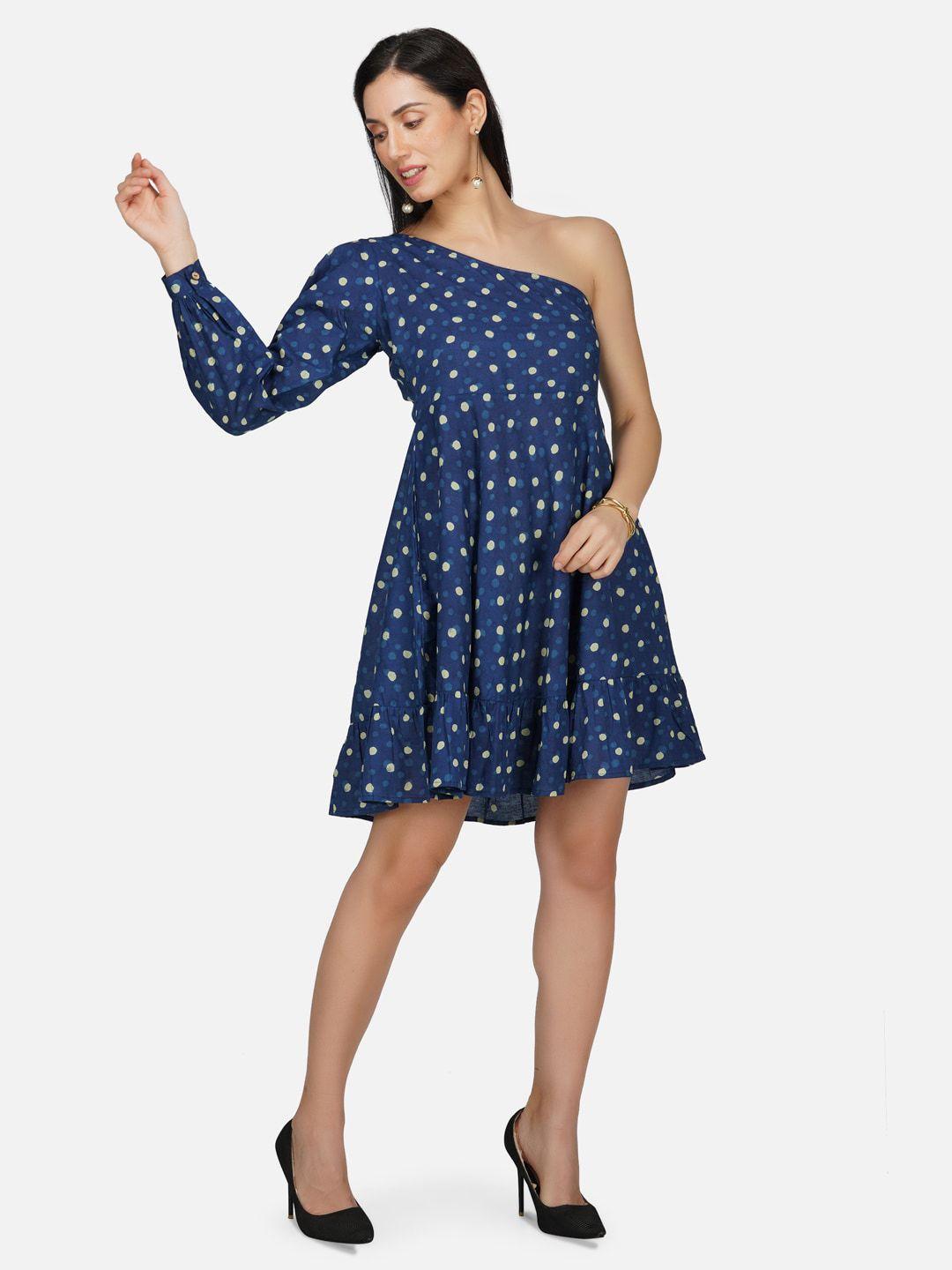 metro-fashion polka dot print one shoulder fit & flare cotton dress