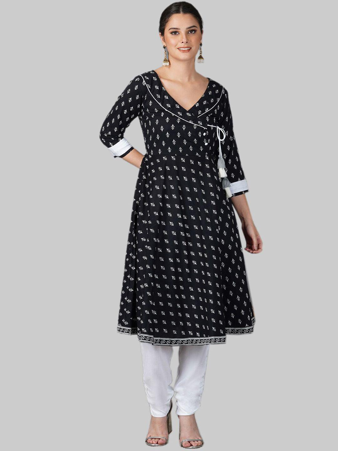 metro-fashion women black ethnic motifs printed angrakha pure cotton kurta with trousers
