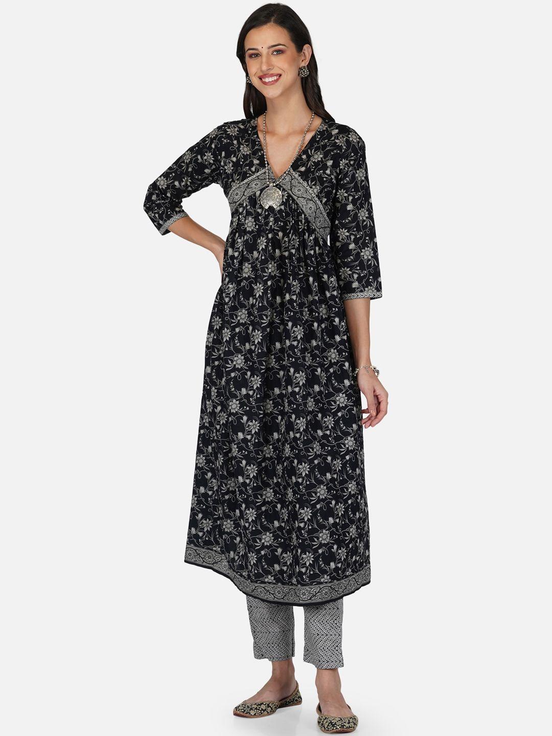 metro-fashion women black floral printed empire pure cotton kurta with trousers & with dupatta