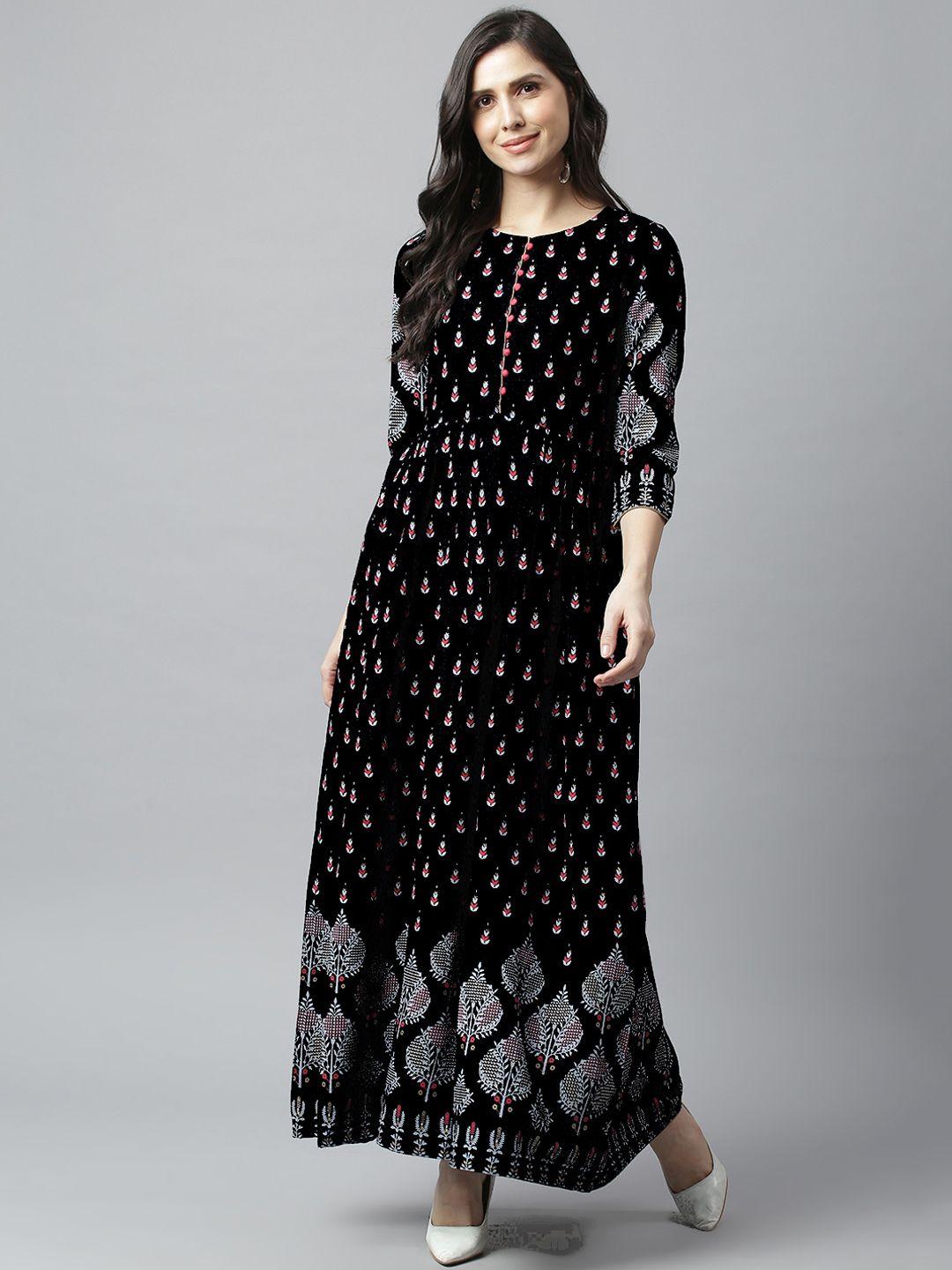 metro-fashion women black printed flared ethnic maxi dress
