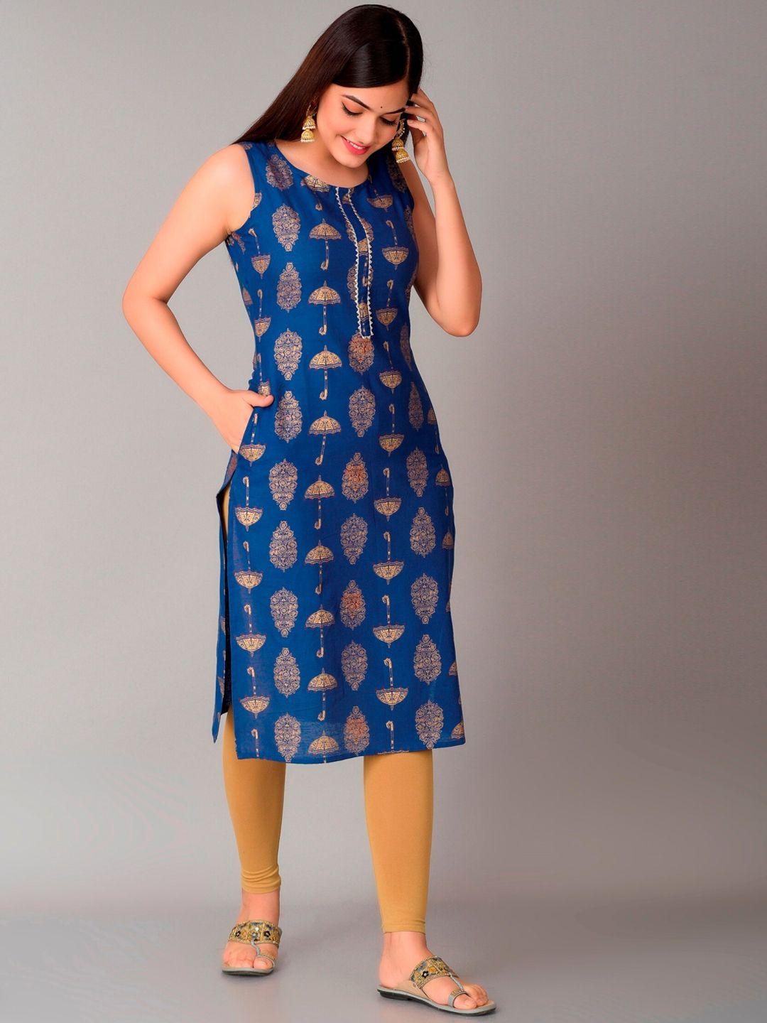 metro-fashion women blue & gold-toned ethnic motifs printed pure cotton kurta