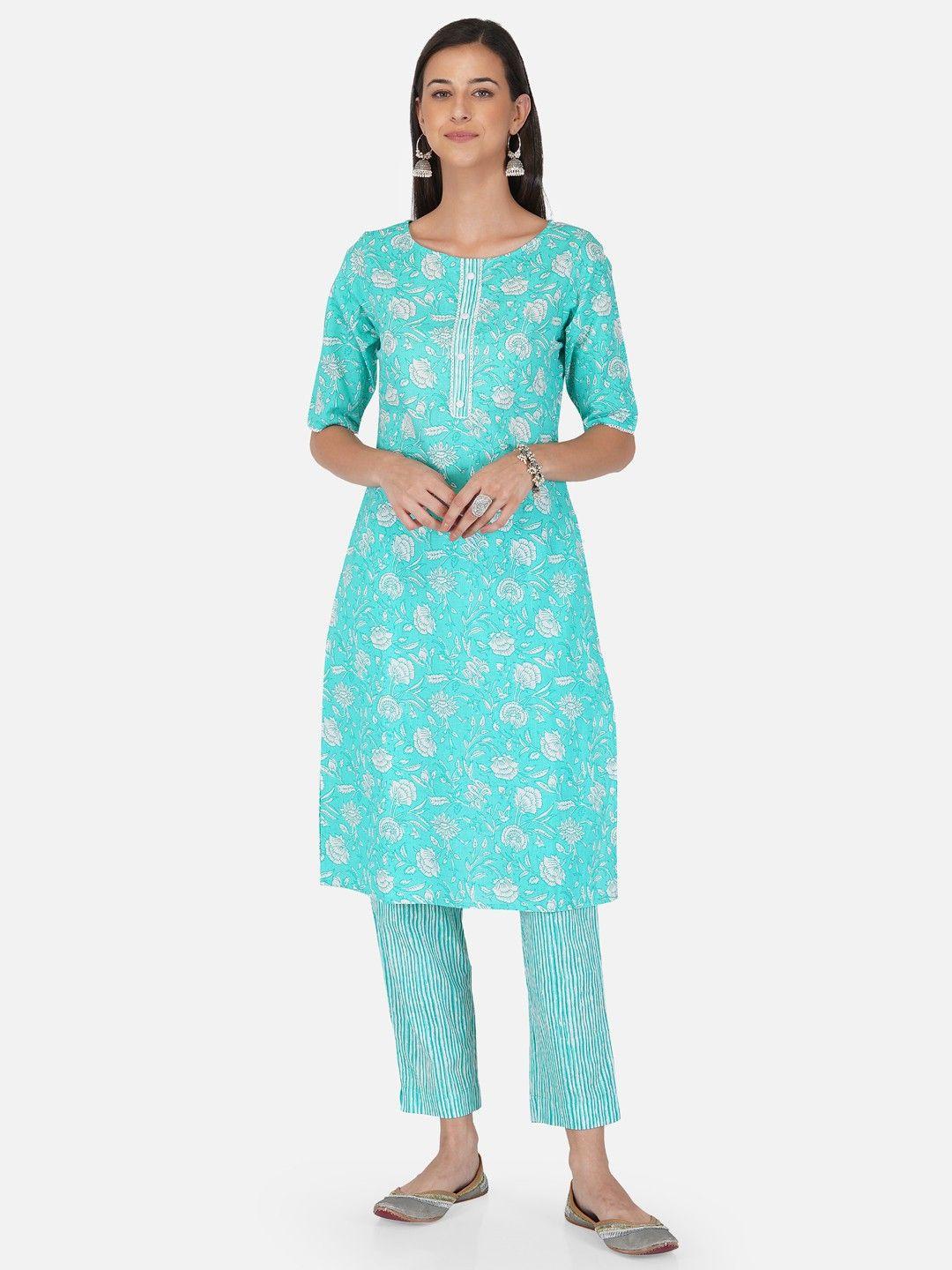 metro-fashion women blue floral printed kurta with trousers & with dupatta