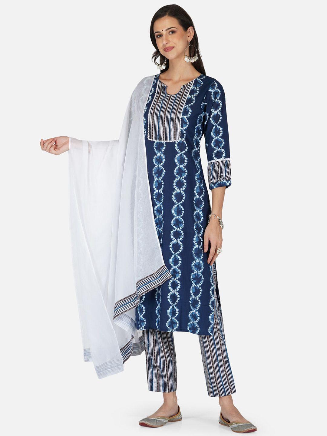 metro-fashion women blue floral printed thread work pure cotton kurta with trousers & with dupatta