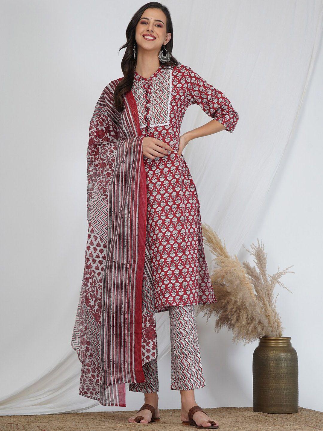 metro-fashion women floral printed pure cotton kurta with trousers & with dupatta