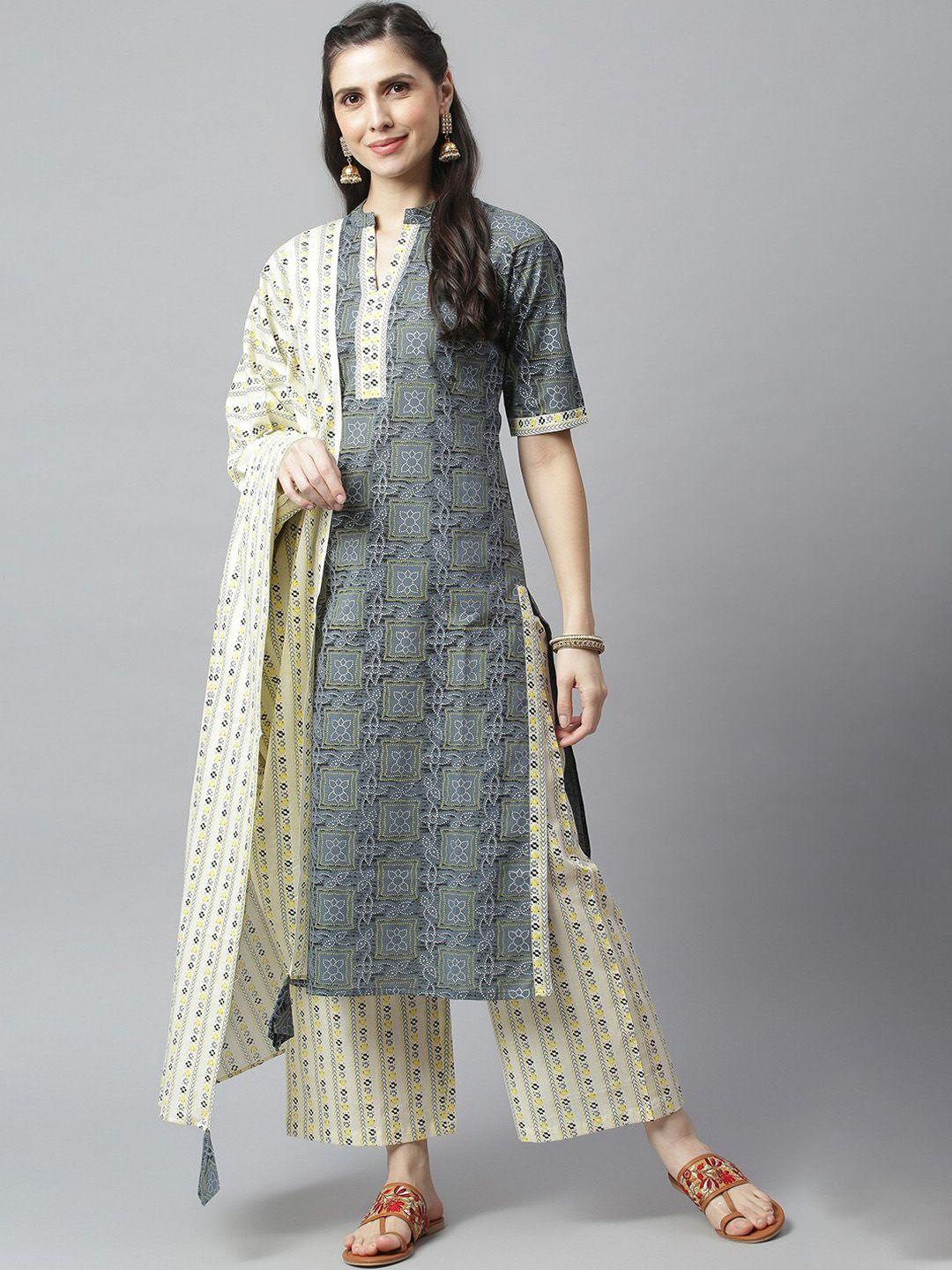metro-fashion women green bandhani printed pure cotton kurta with palazzos & with dupatta
