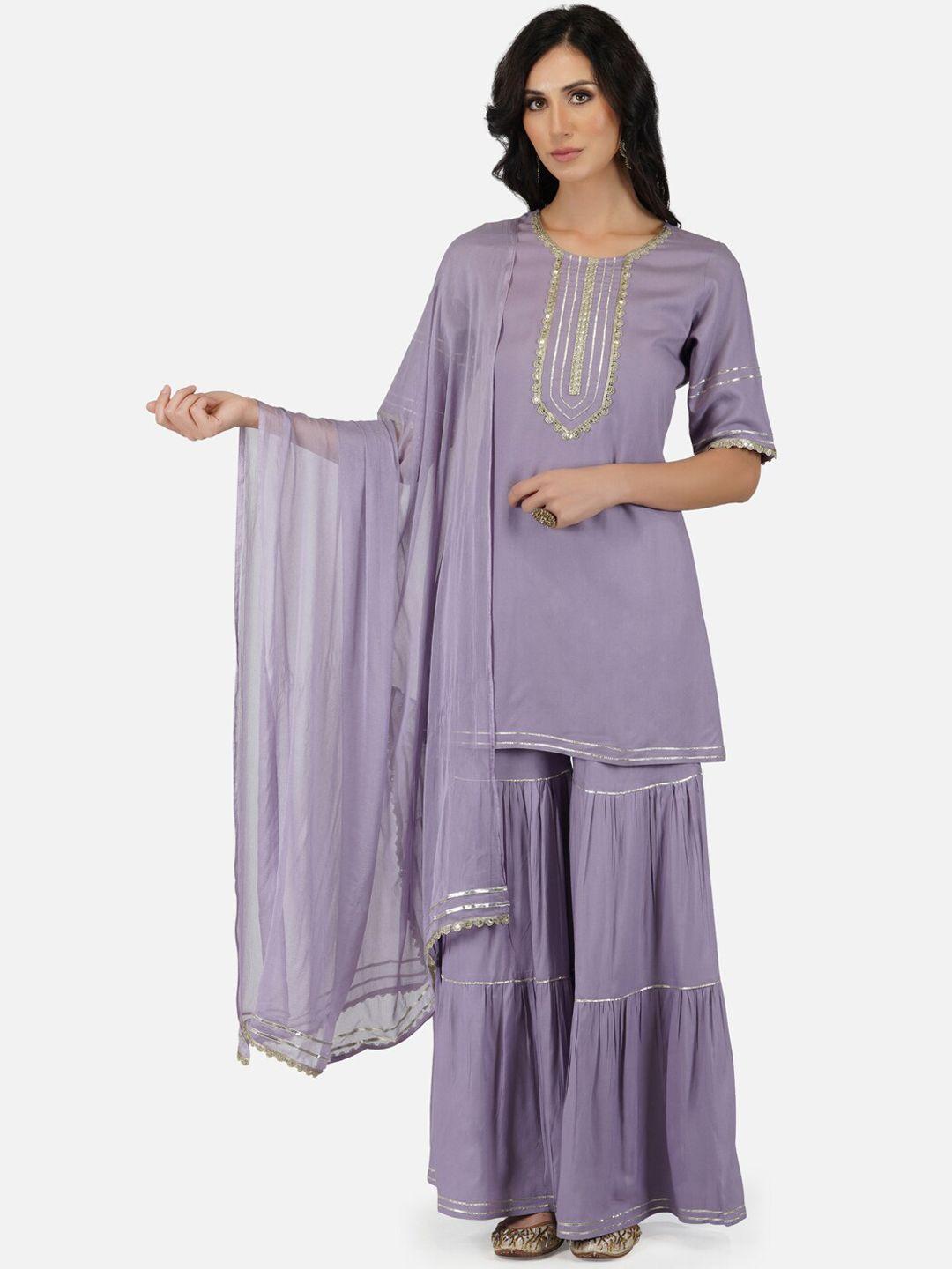 metro-fashion women lavender ethnic motifs gotta patti kurti with sharara & with dupatta