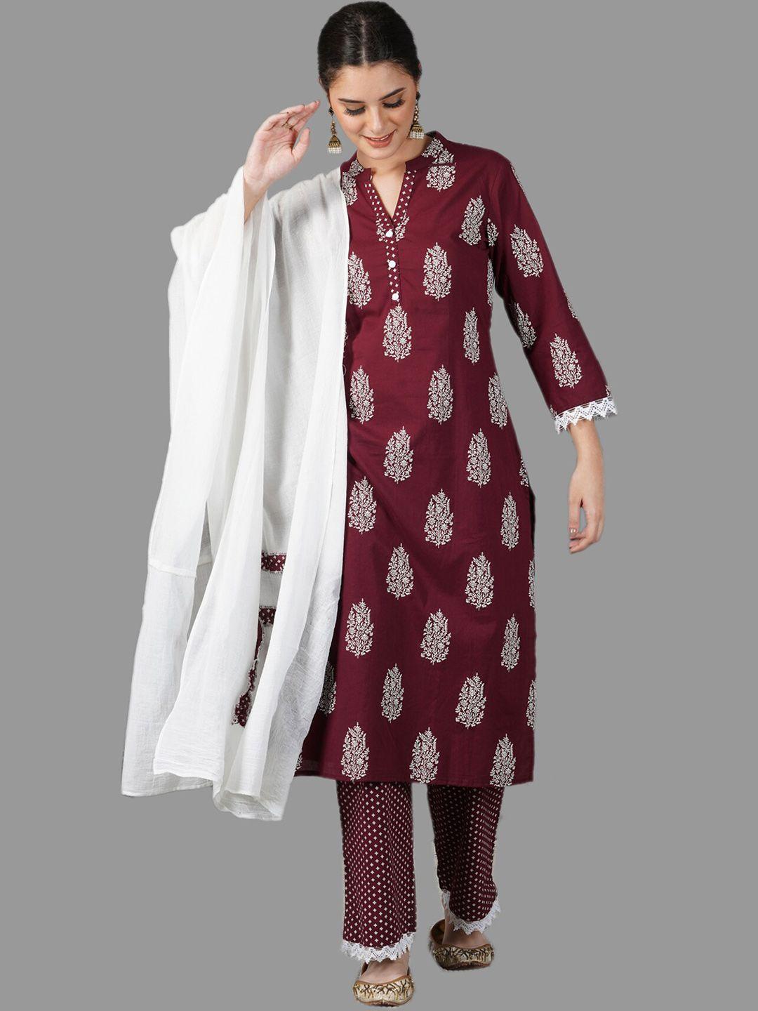 metro-fashion women maroon ethnic motifs printed kurta with trouser & dupatta