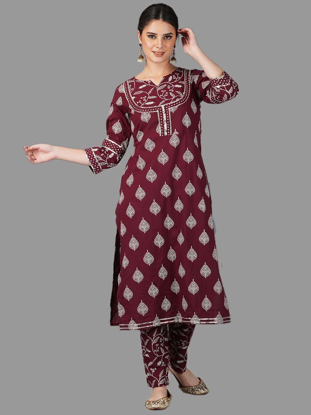 metro-fashion women maroon ethnic motifs printed kurta with trousers & dupatta