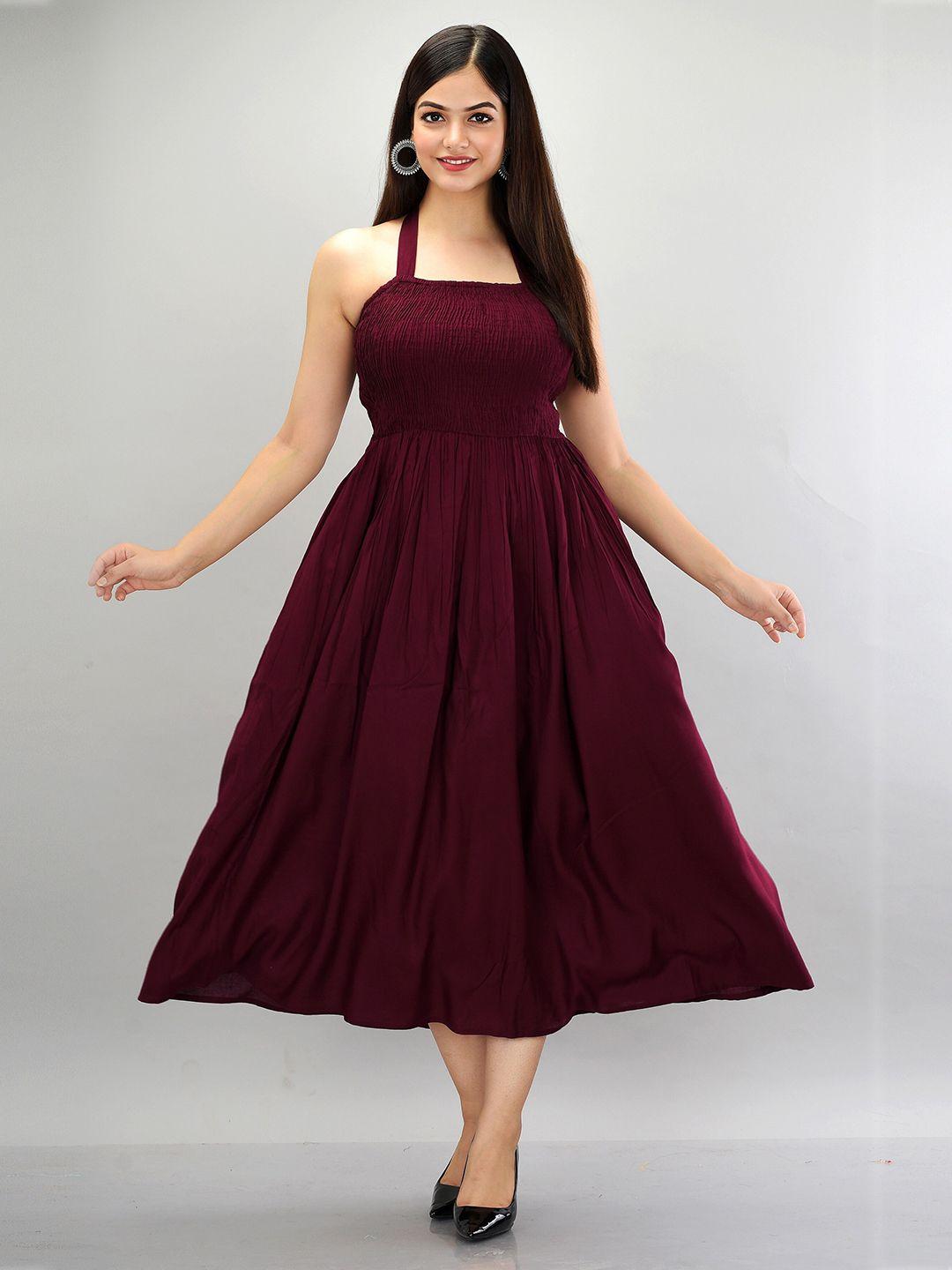 metro-fashion women maroon halter neck midi dress