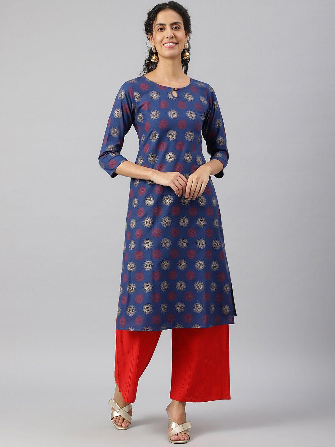 metro-fashion women navy blue ethnic motifs printed keyhole neck pure cotton kurta