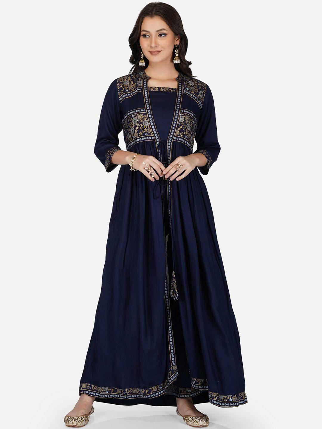 metro-fashion women navy blue floral printed kurta with trousers