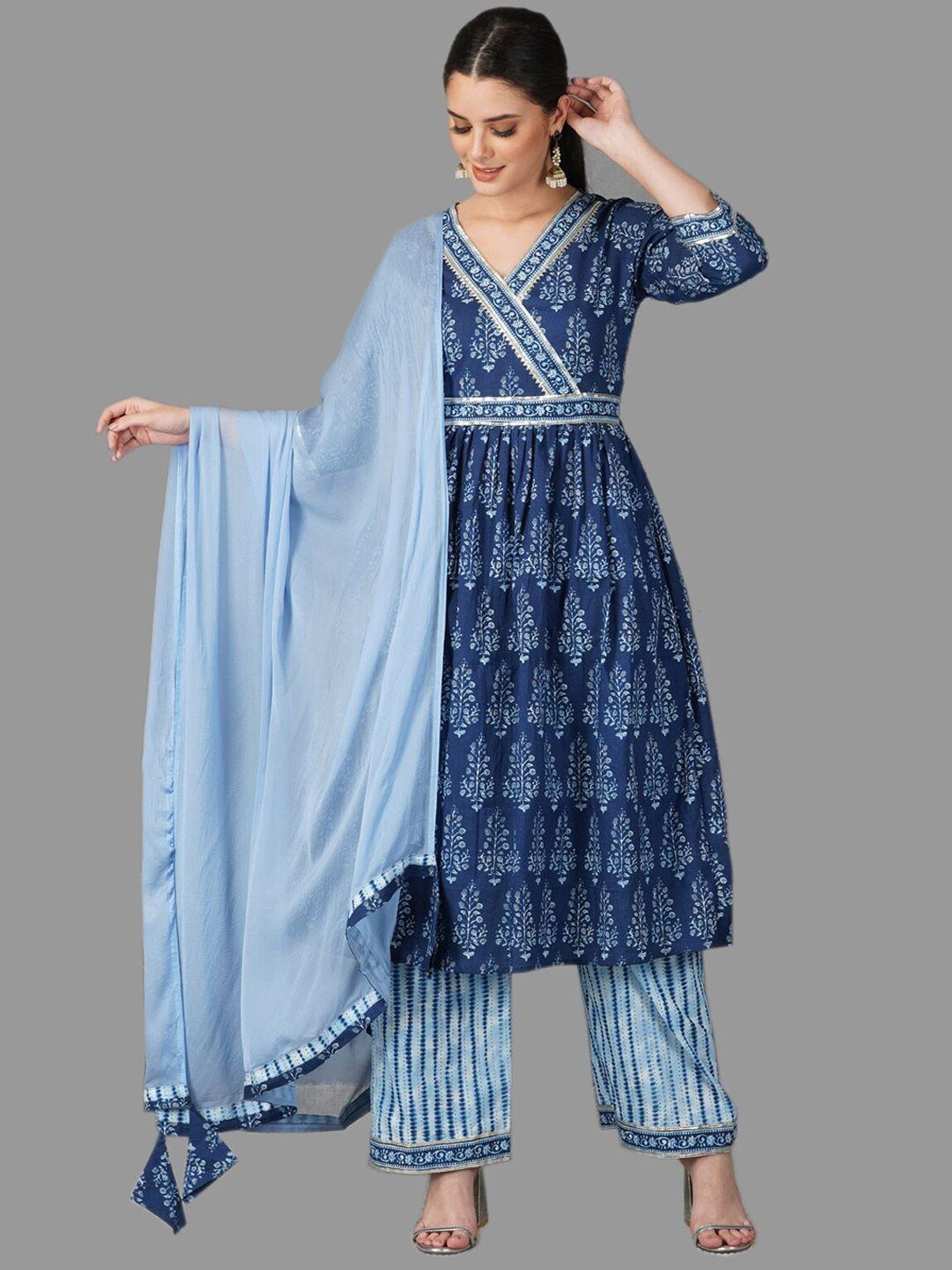 metro-fashion women navy blue printed pleated pure cotton kurta with trousers & with dupatta