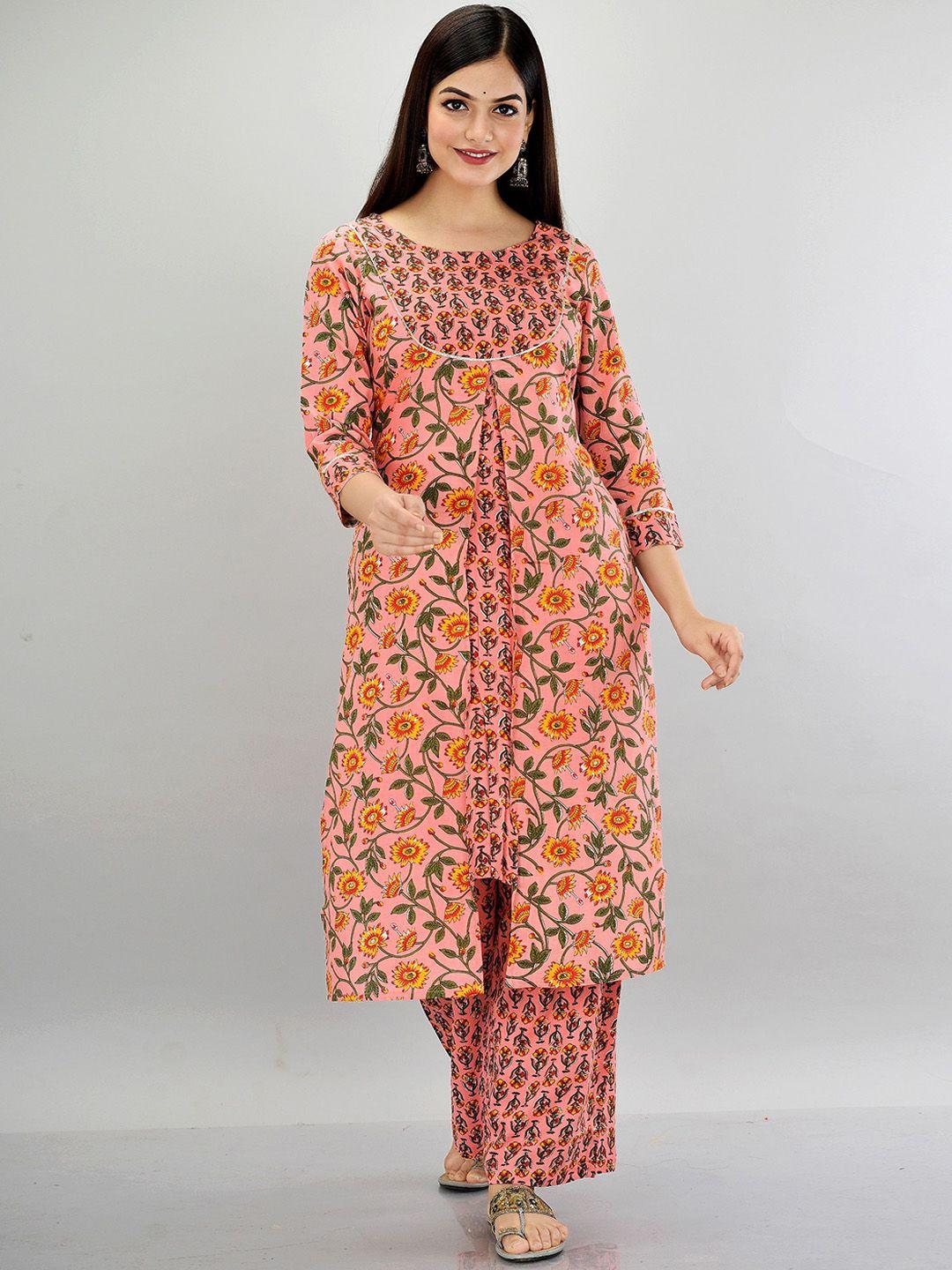 metro-fashion women peach-coloured printed kurti with trousers