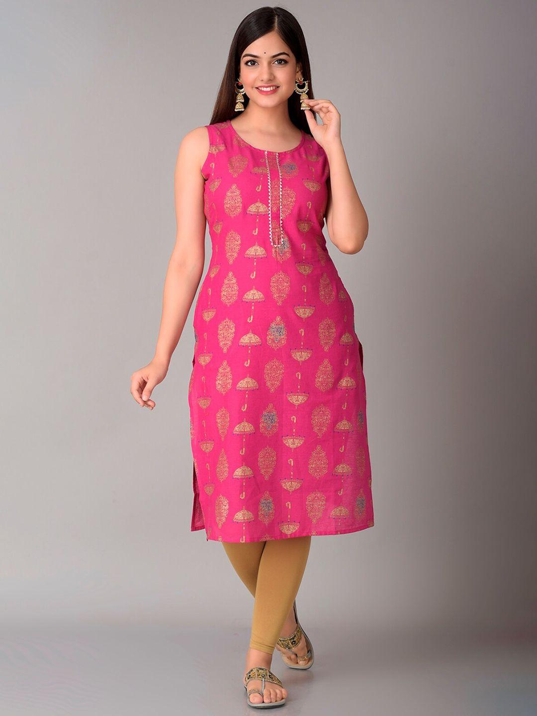 metro-fashion women pink & gold-toned ethnic motifs printed pure cotton kurta