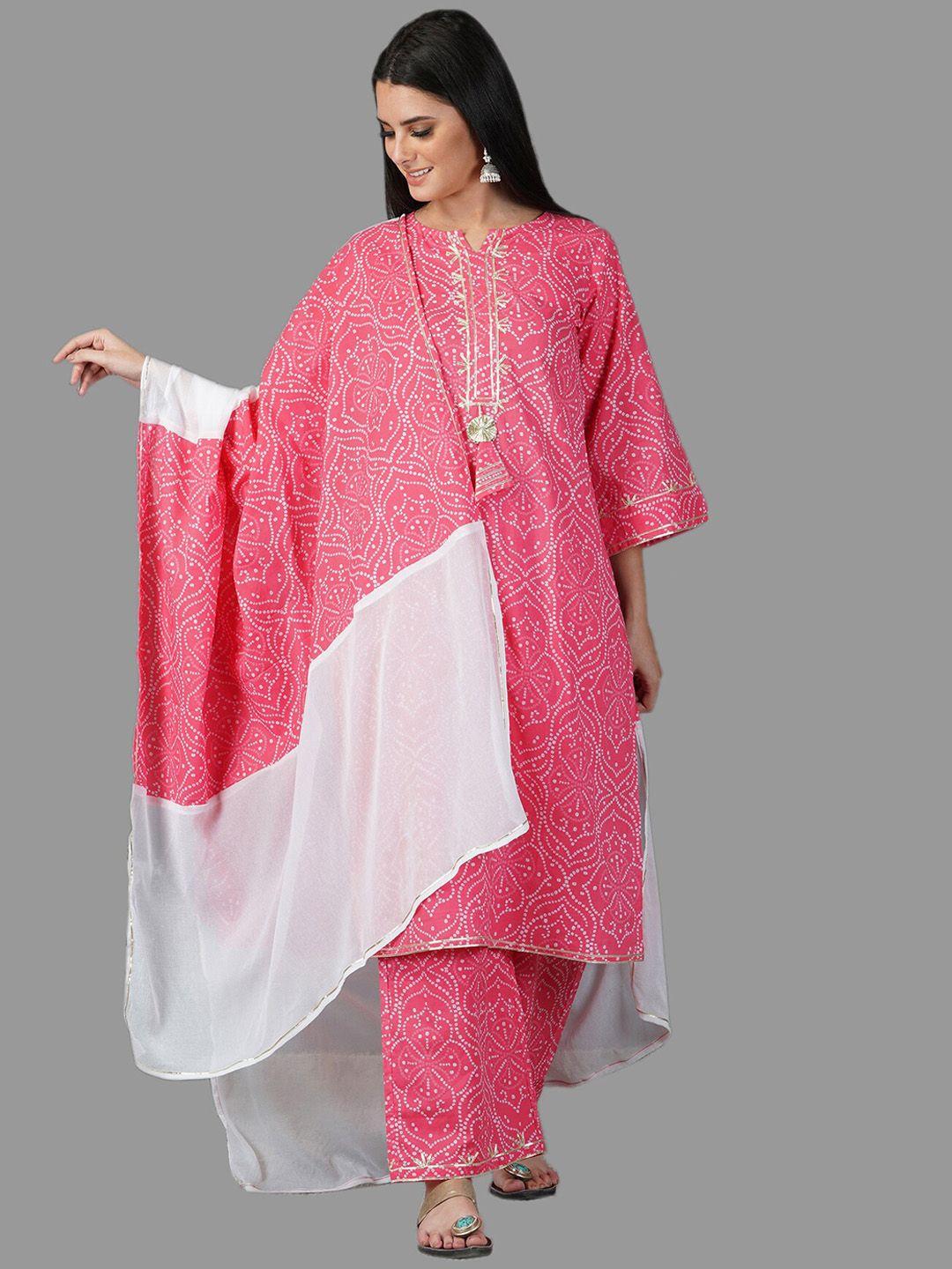 metro-fashion women pink floral embroidered layered pure cotton kurti with trousers & with dupatta