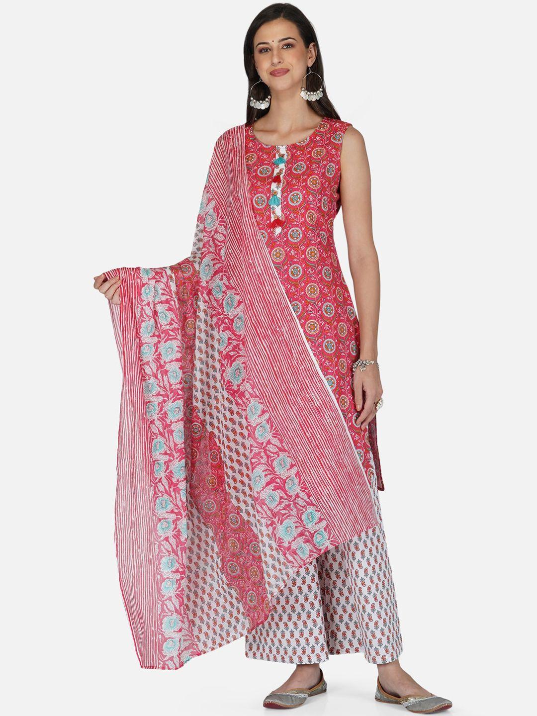 metro-fashion women pink floral printed kurta with palazzos & with dupatta