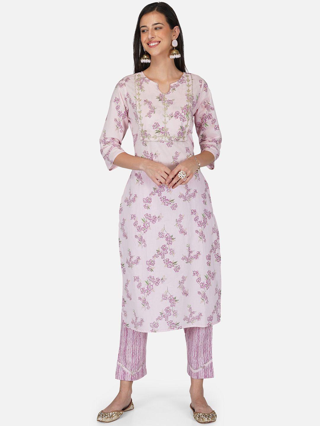 metro-fashion women pink floral printed kurta with trousers