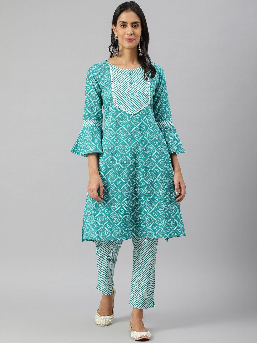 metro-fashion women turquoise blue ethnic motifs panelled pure cotton kurta with trousers