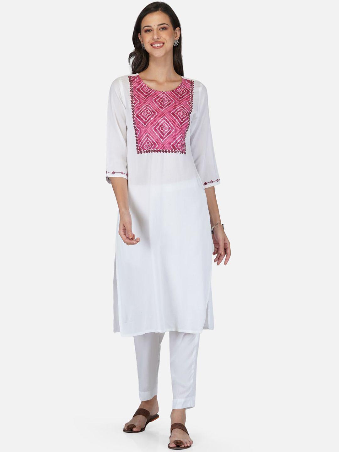 metro-fashion women white bandhani yoke design mirror work pure cotton kurta with trousers & with dupatta