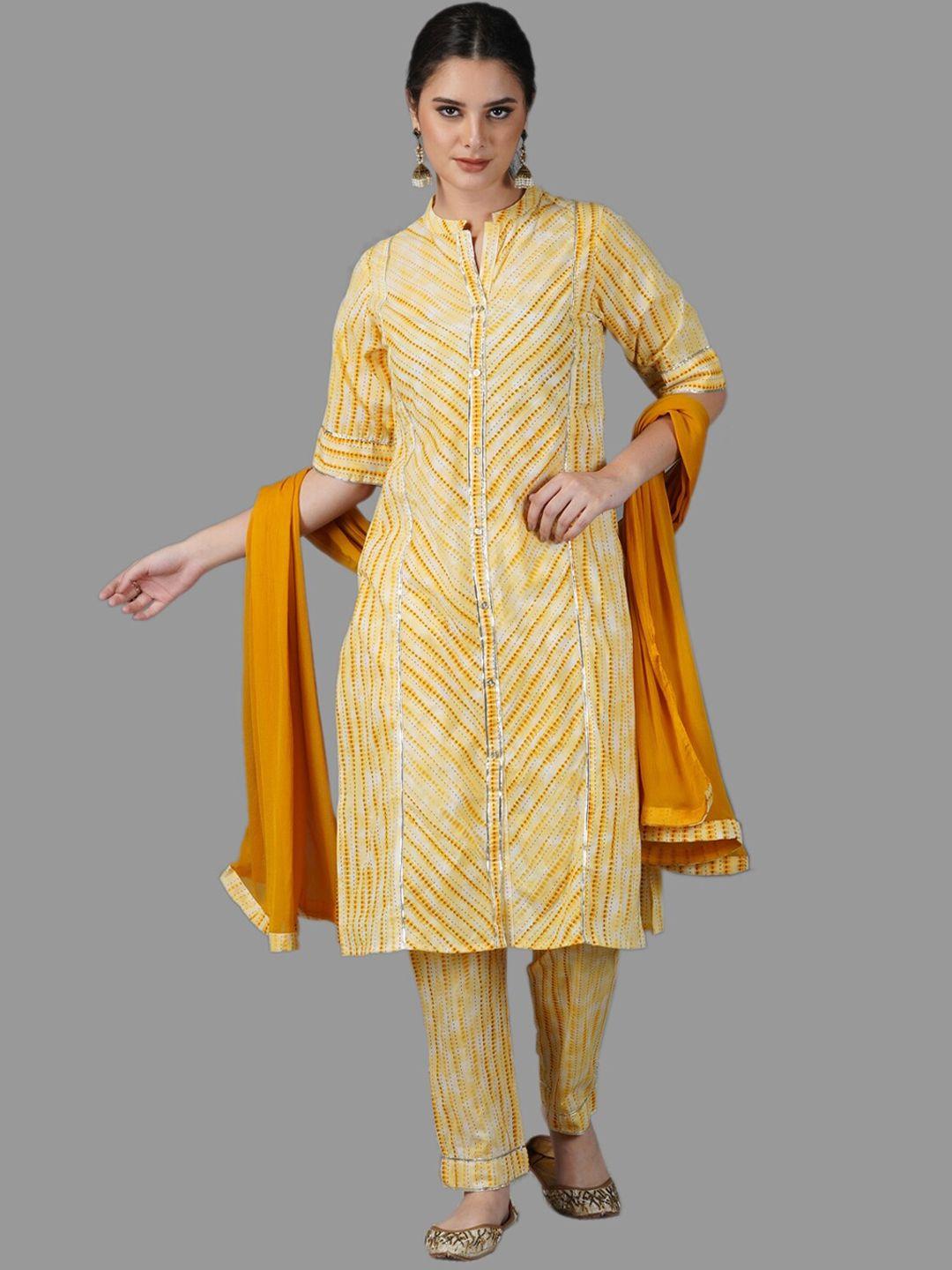 metro-fashion women yellow printed pure cotton kurta with trousers & with dupatta