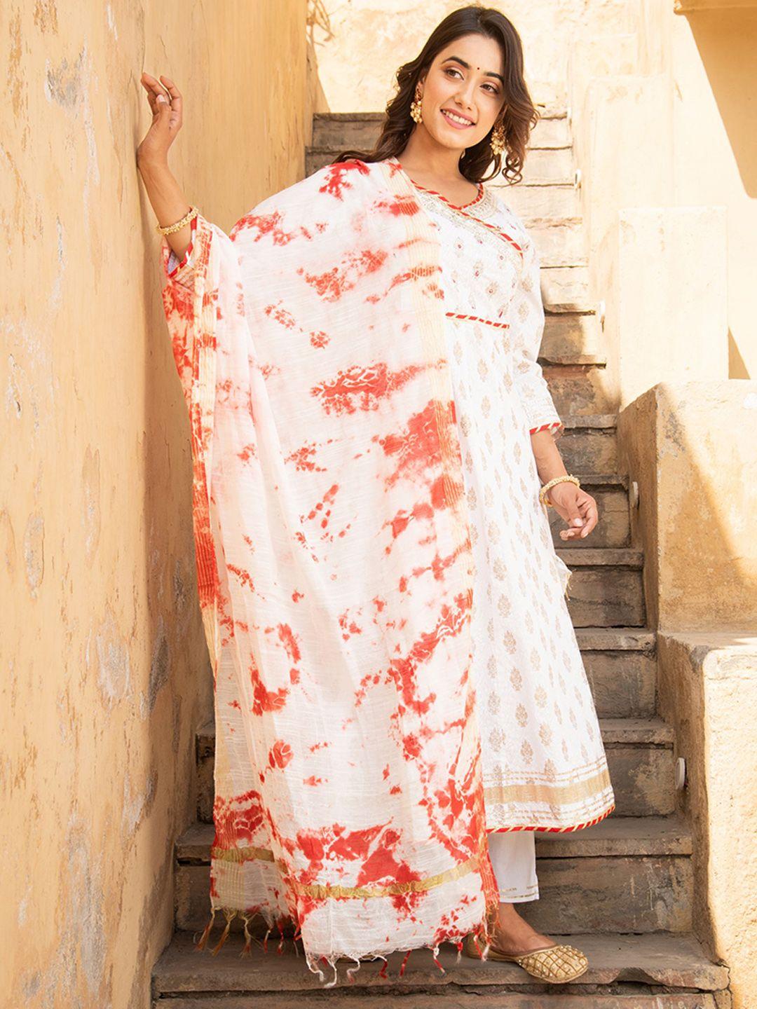 metro-fashionfloral printed empire pure cotton kurta with trousers & with dupatta