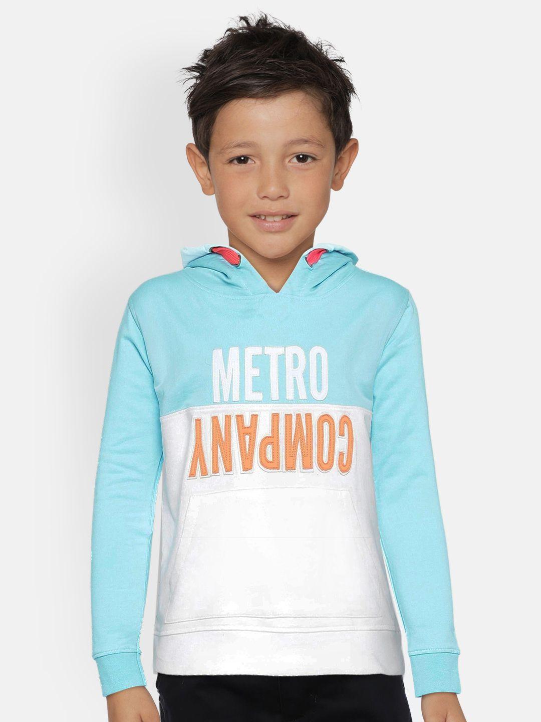 metro kids company boys blue & white colourblocked hooded sweatshirt