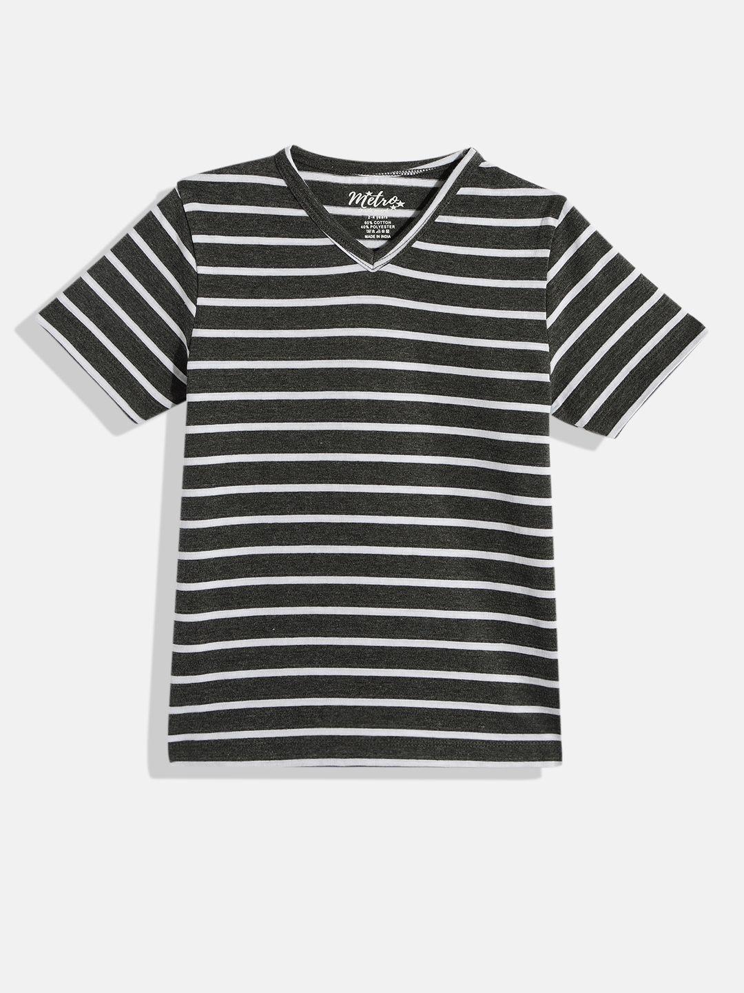 metro kids company boys charcoal grey & white striped v-neck pure cotton t-shirt