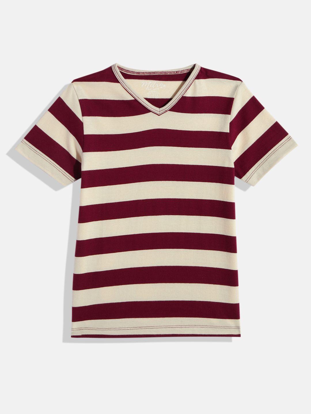 metro kids company boys cream-coloured & maroon striped pure cotton t-shirt