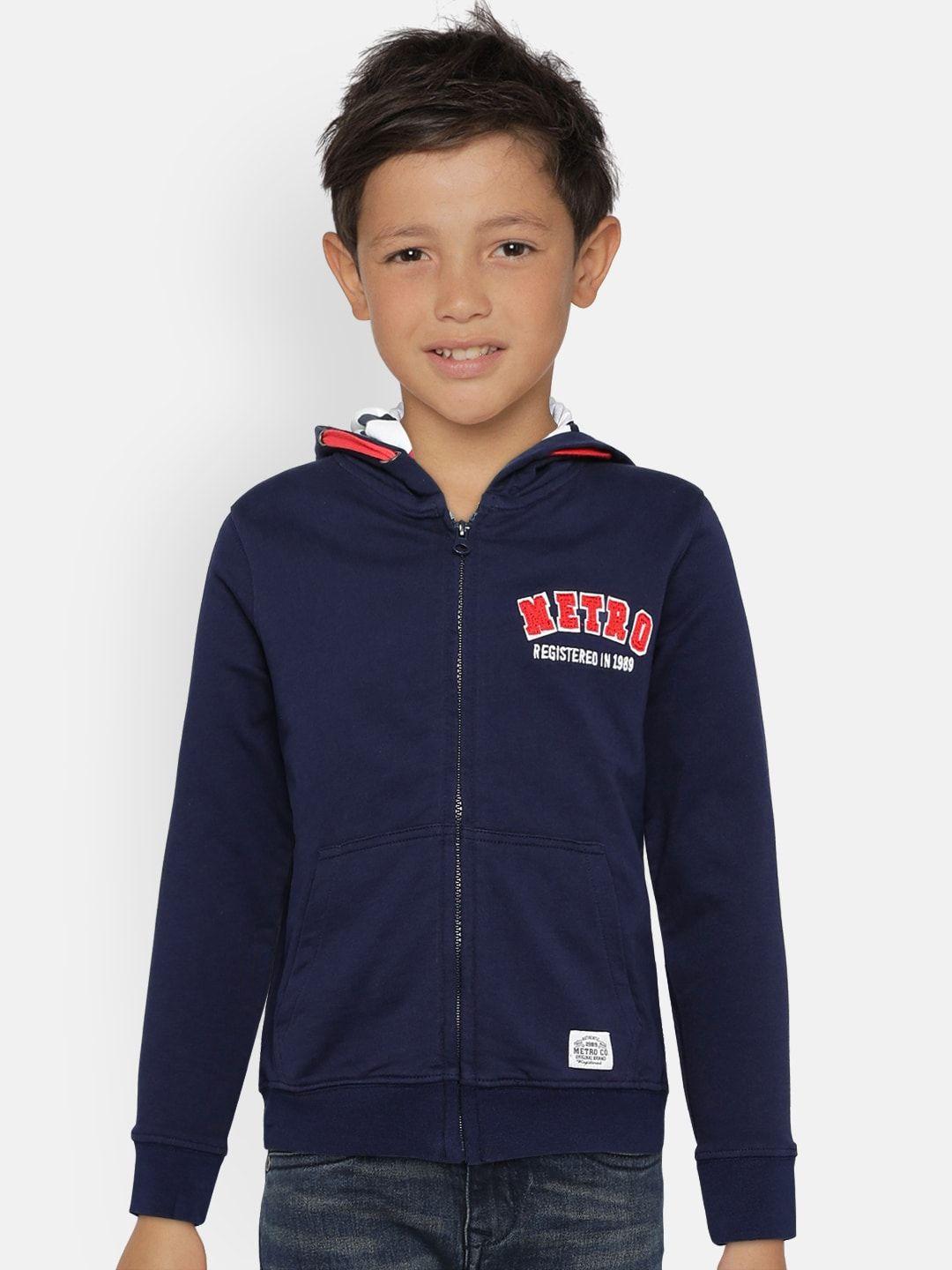 metro kids company boys navy blue solid organic cotton hooded sweatshirt with applique