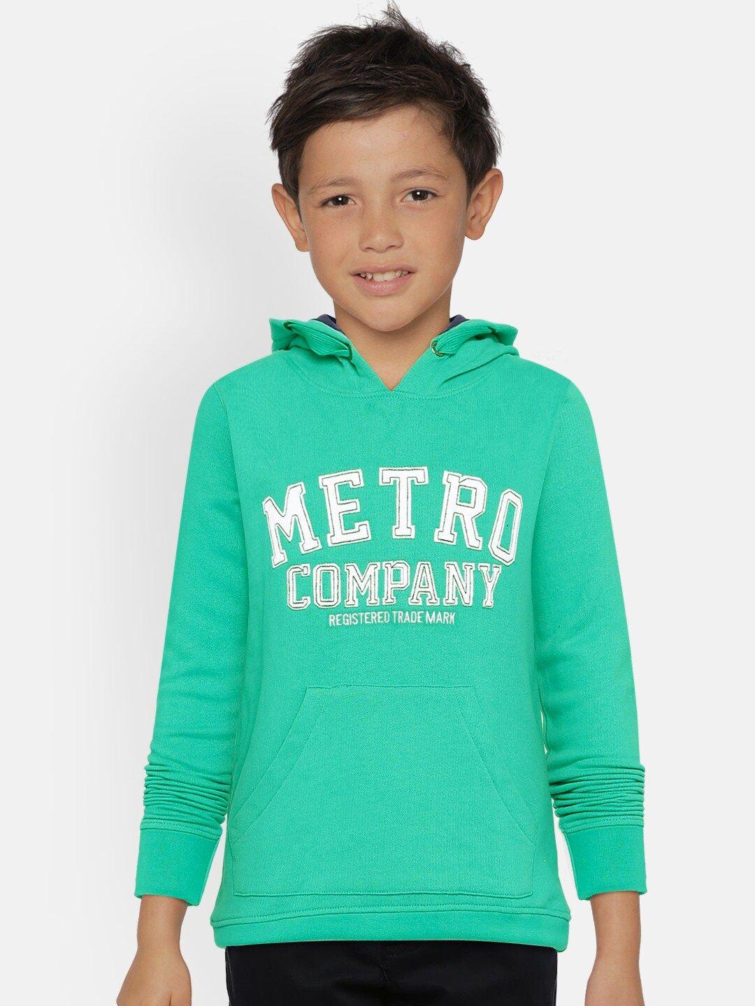 metro kids company boys turquoise blue organic cotton self design hooded sweatshirt