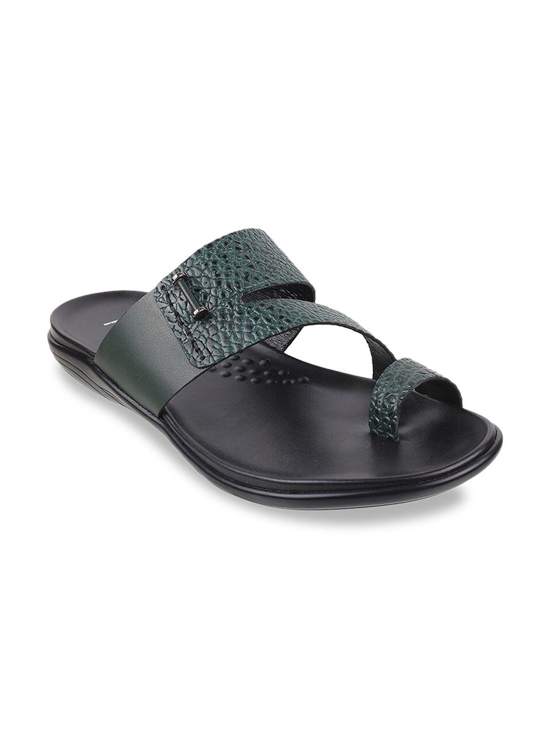 metro men green & black leather comfort sandals