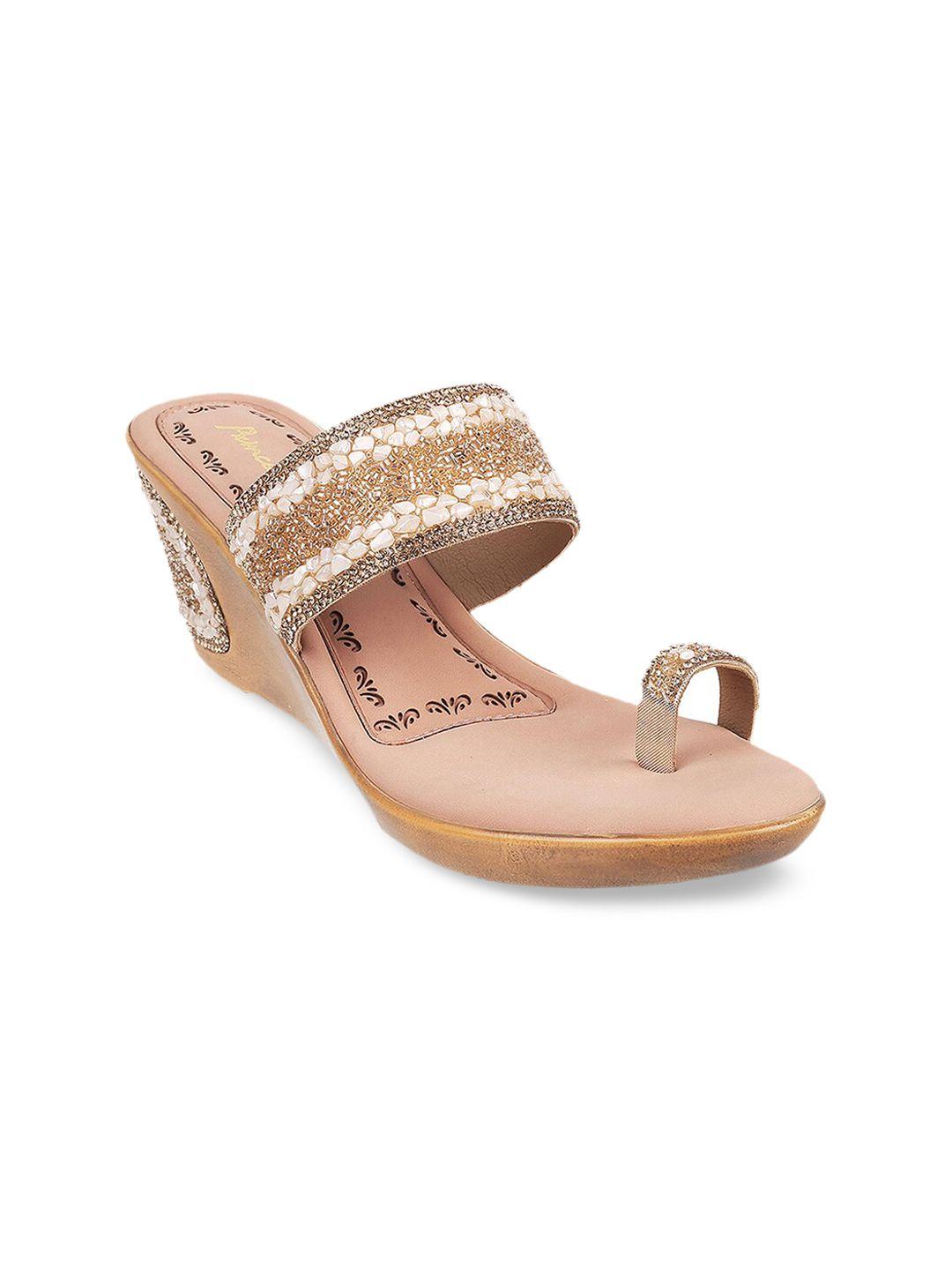 metro peach-coloured embellished wedge sandals