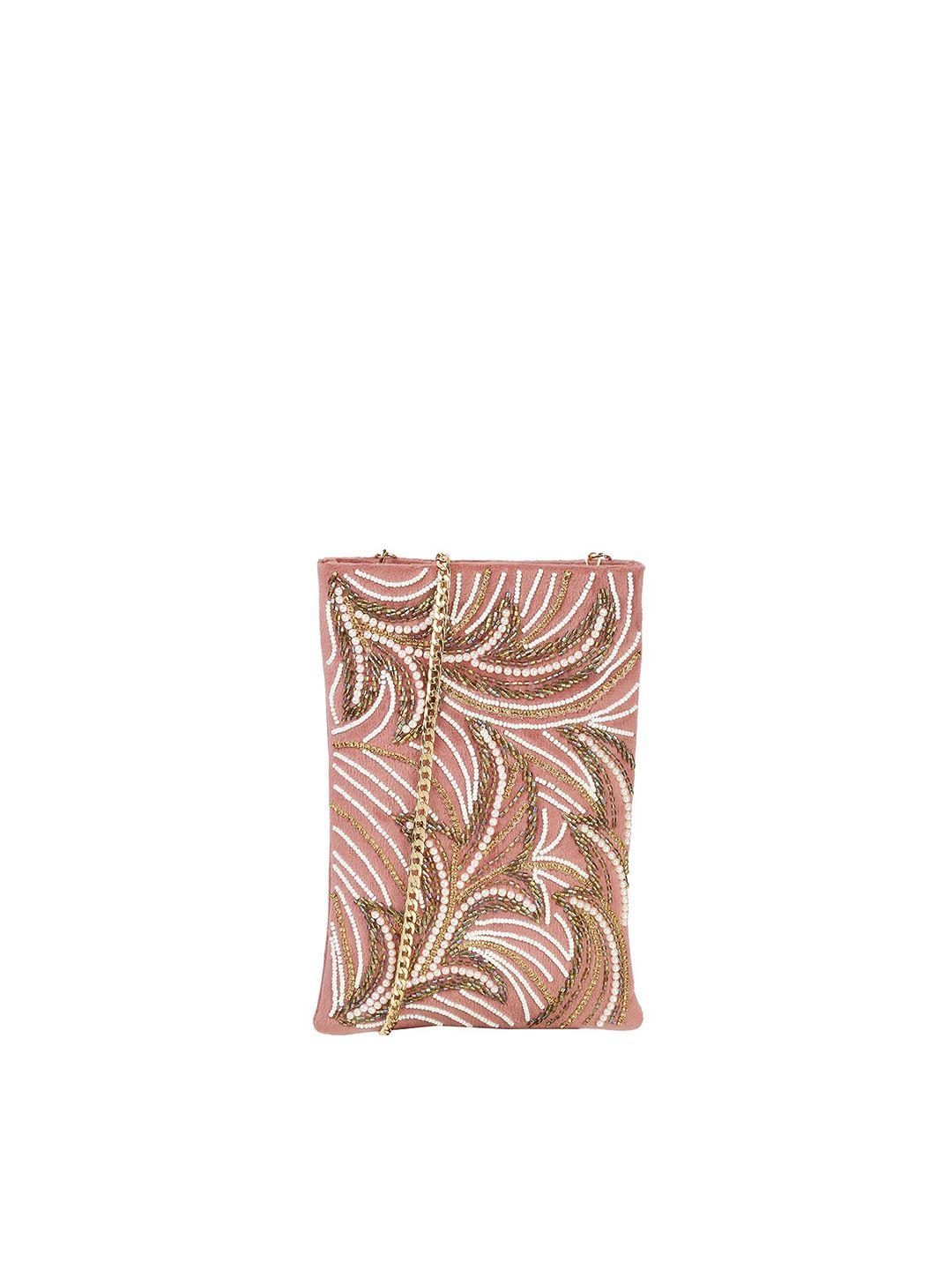 metro peach-coloured embroidered purse clutch