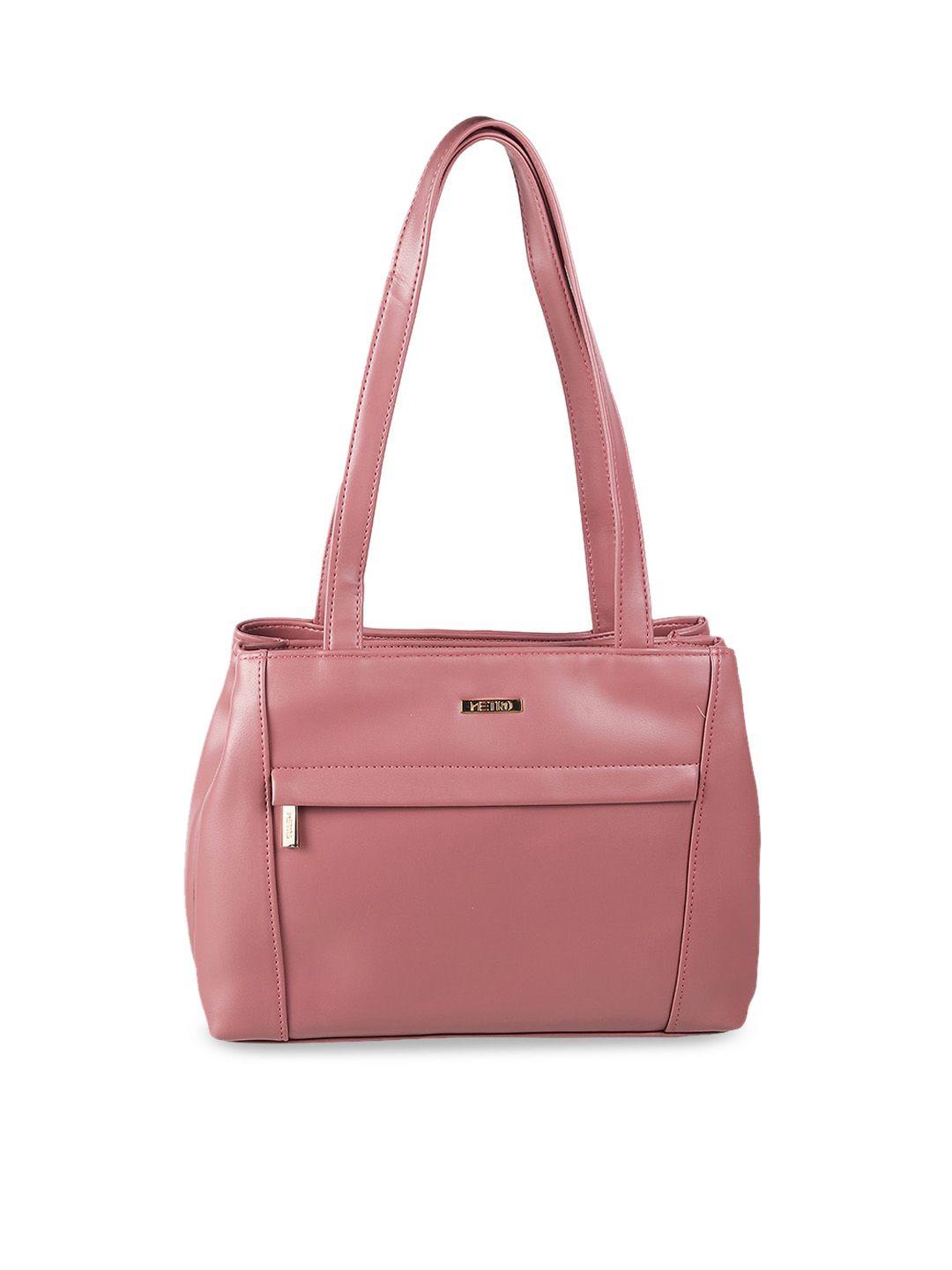 metro peach-coloured textured pu structured shoulder bag