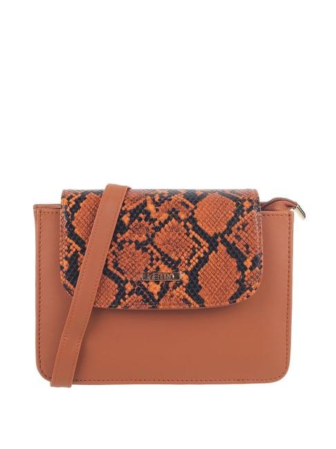 metro tan synthetic printed sling handbag