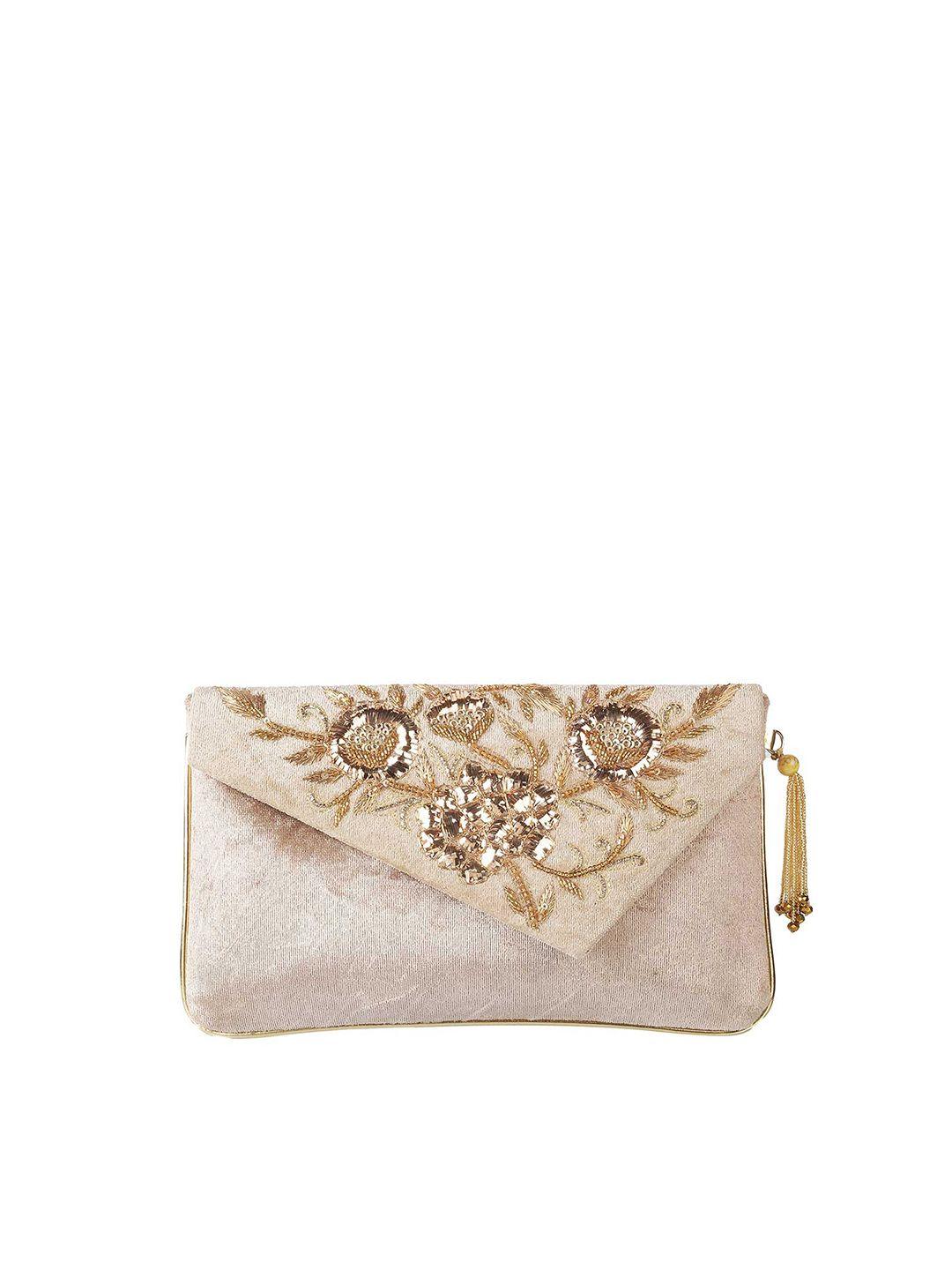 metro woman gold-toned & white embroidered envelope clutch