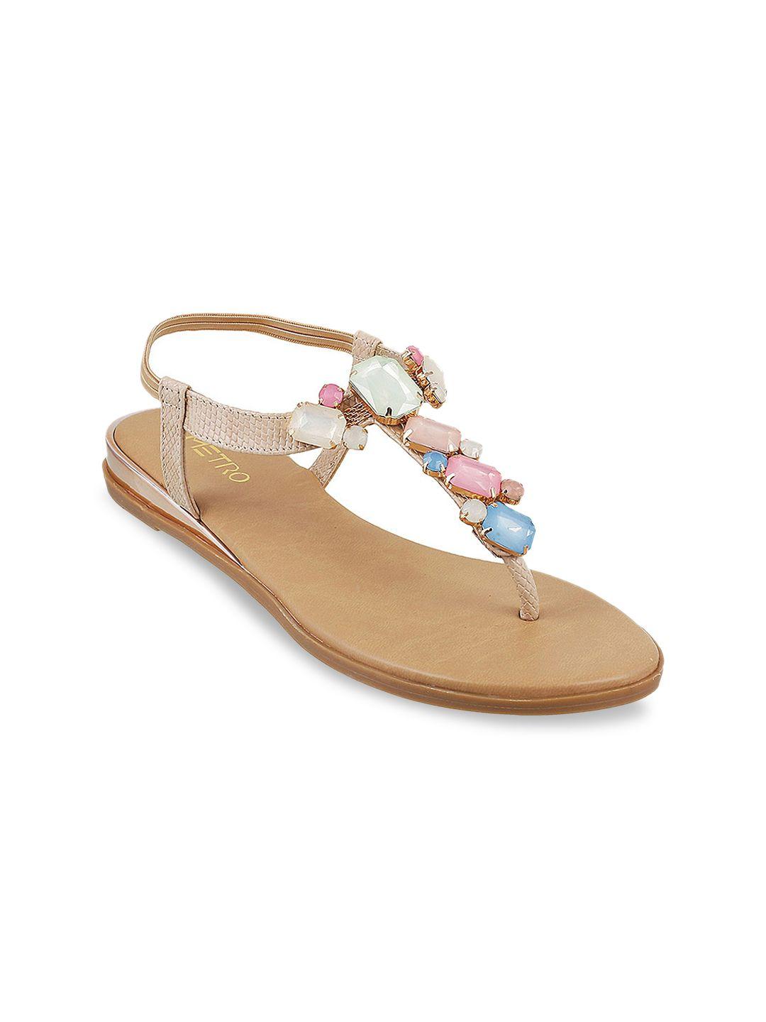 metro women beige solid synthetic t-strap flats