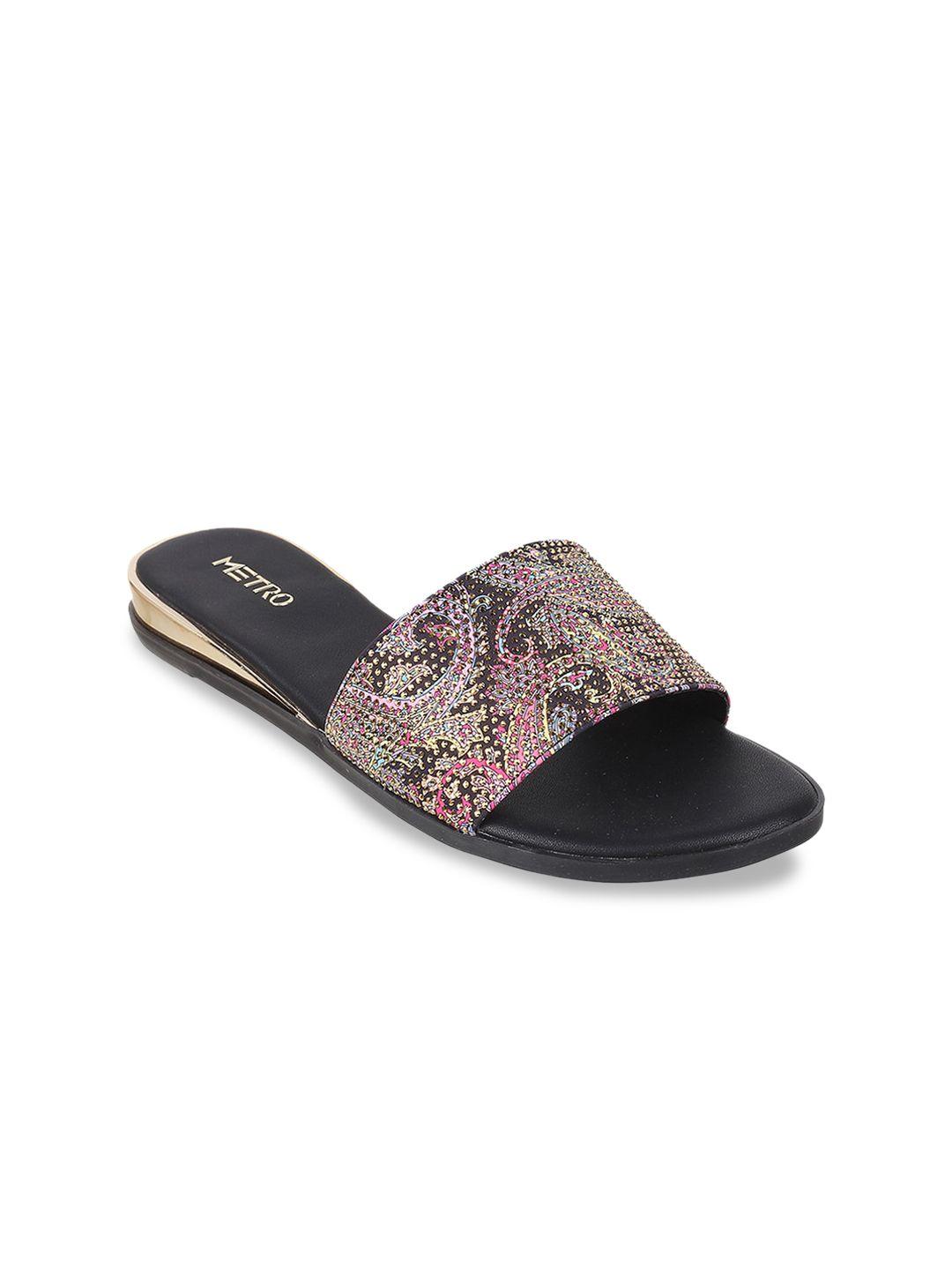 metro women black printed open toe flats