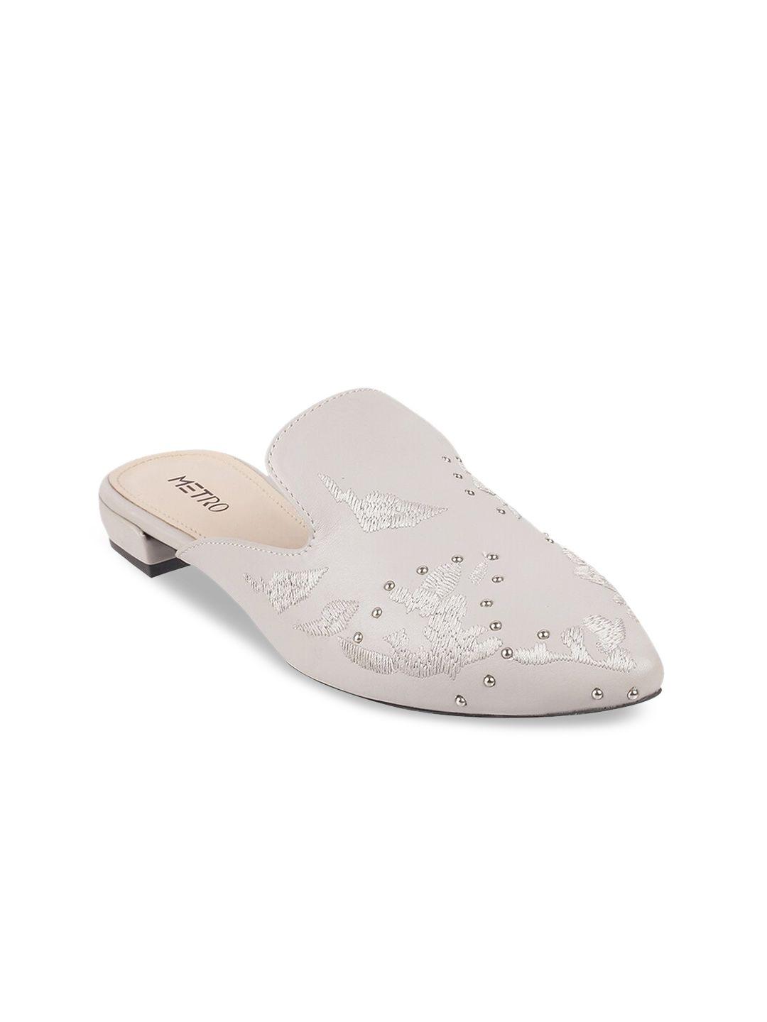 metro women grey embroidered mules
