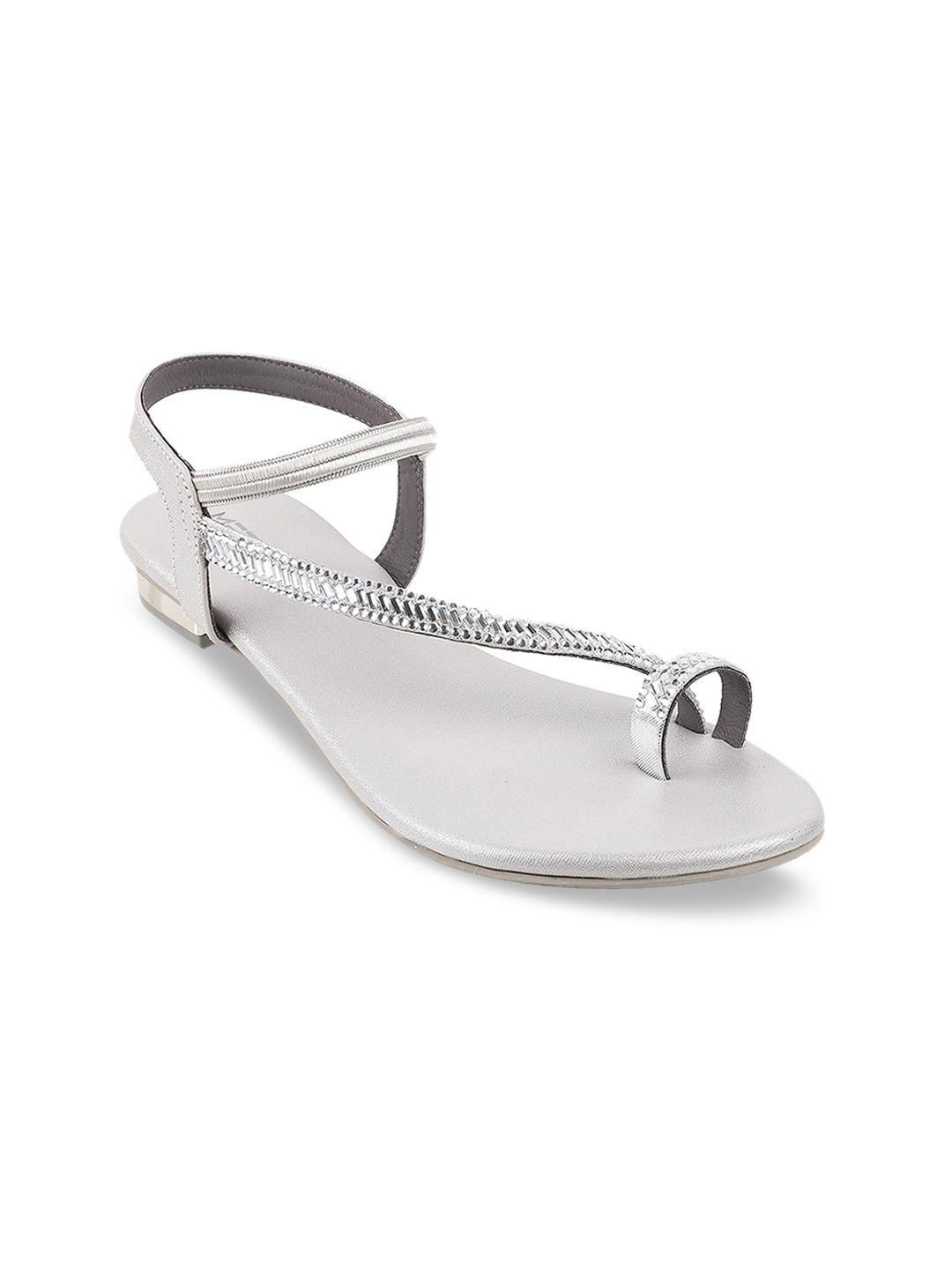 metro women silver-toned embellished leather ethnic one toe flats