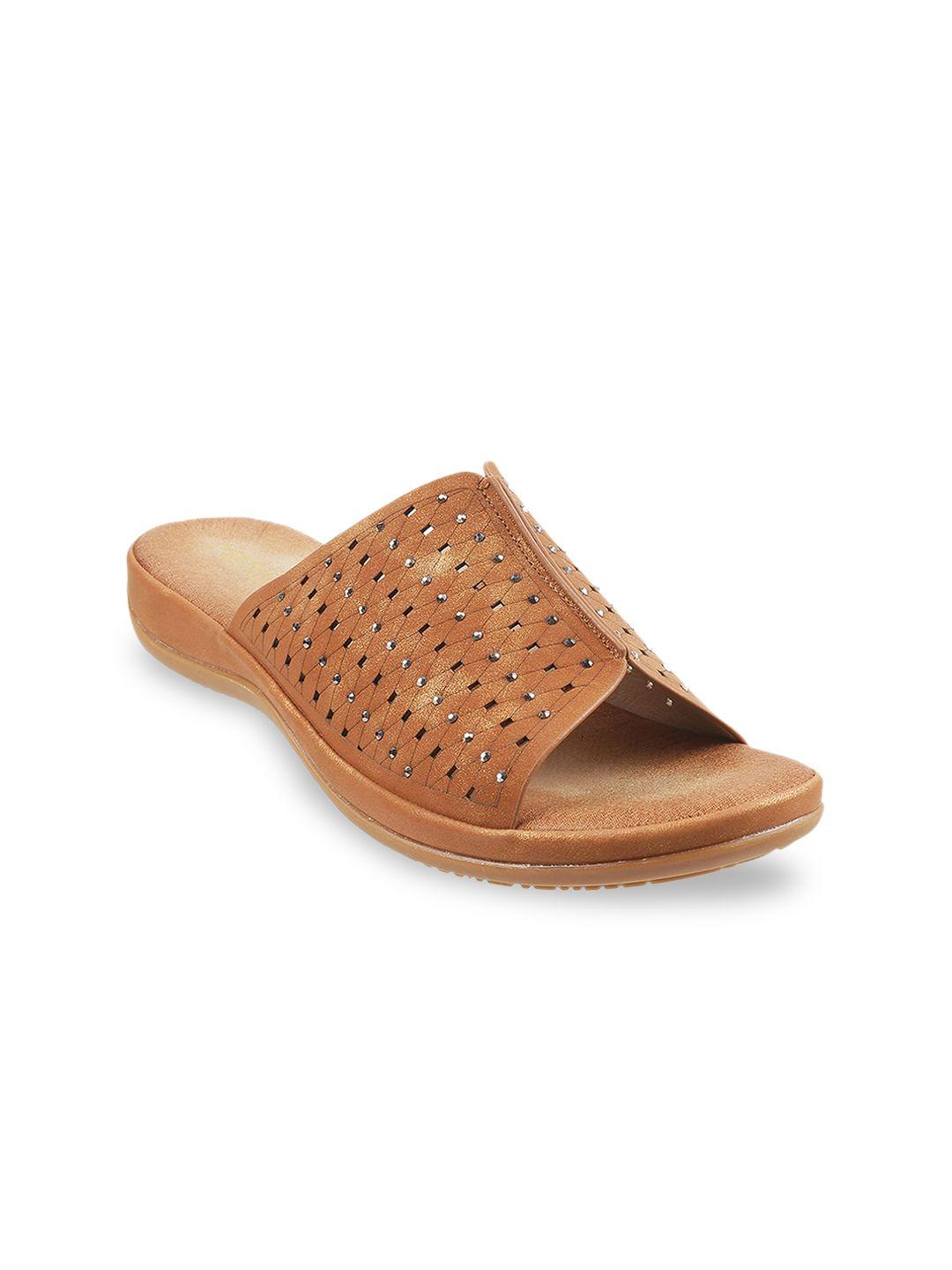 metro women tan textured open toe flats with laser cuts