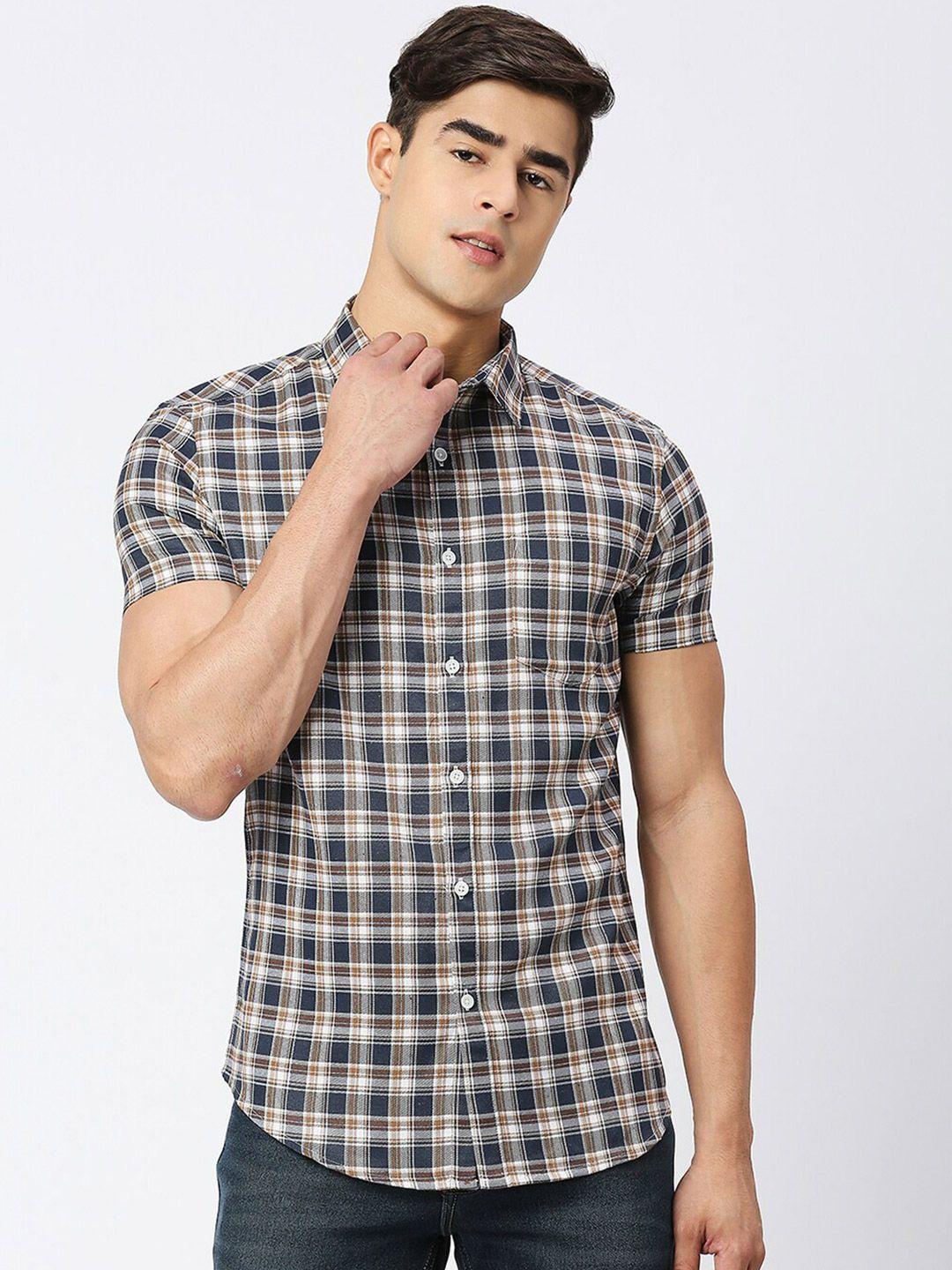 metronaut men brown tartan checks opaque checked casual shirt