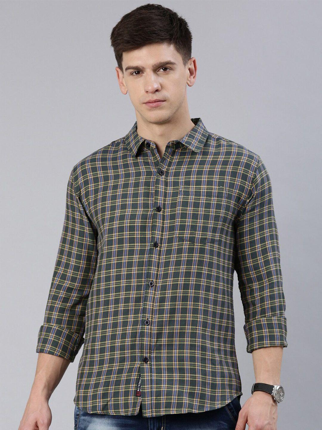 metronaut men green slim fit tartan checks opaque checked casual shirt