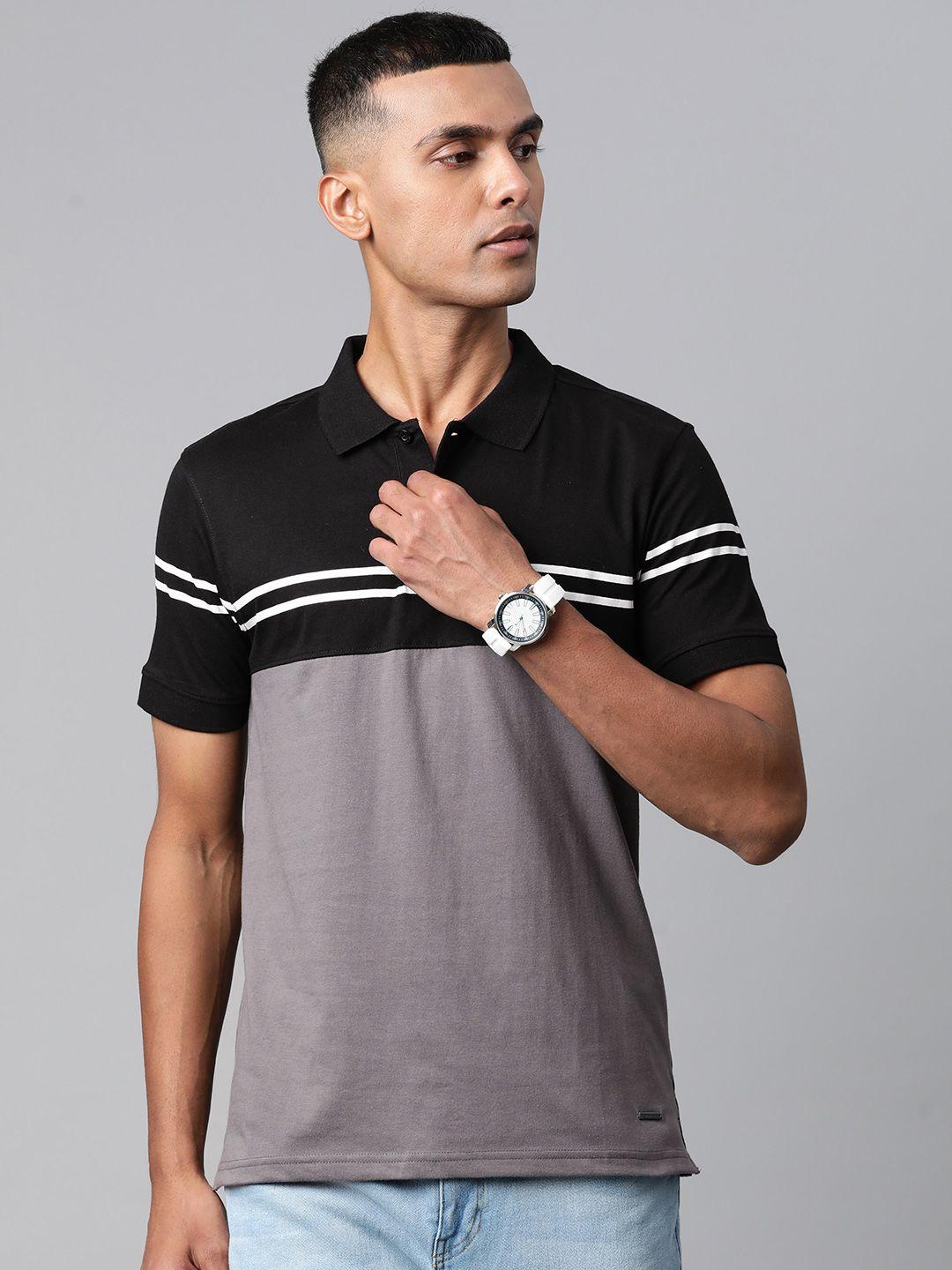 metronaut men grey & black colourblocked polo collar t-shirt