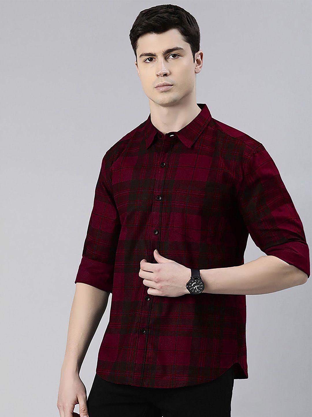 metronaut men maroon slim fit tartan checks opaque checked casual shirt