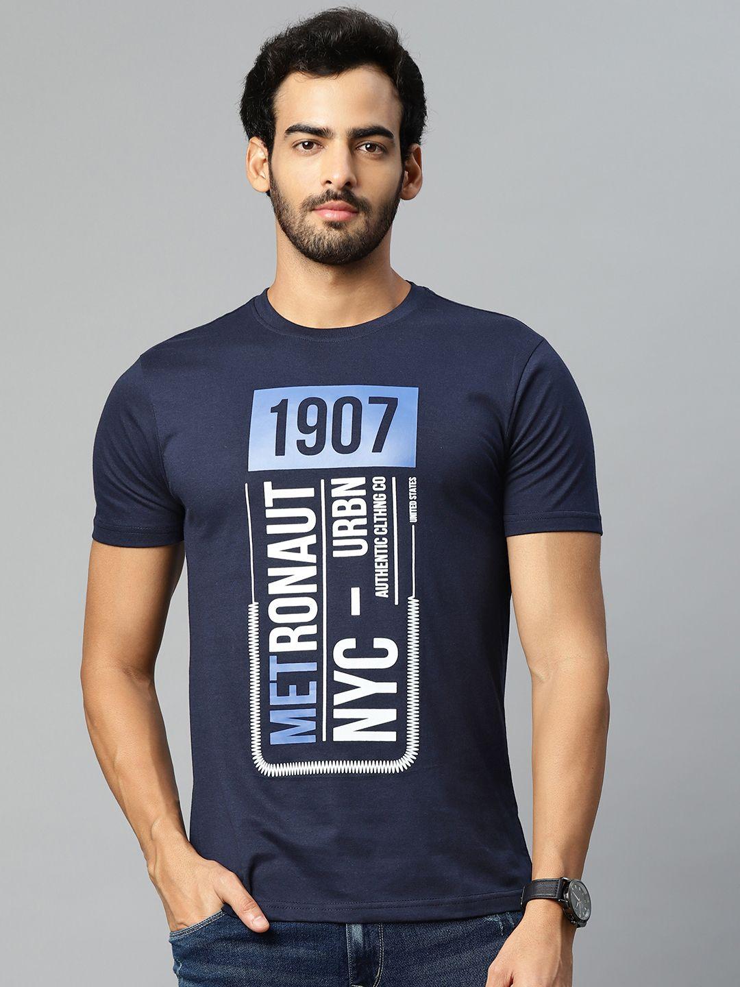 metronaut men navy blue & white typography printed t-shirt