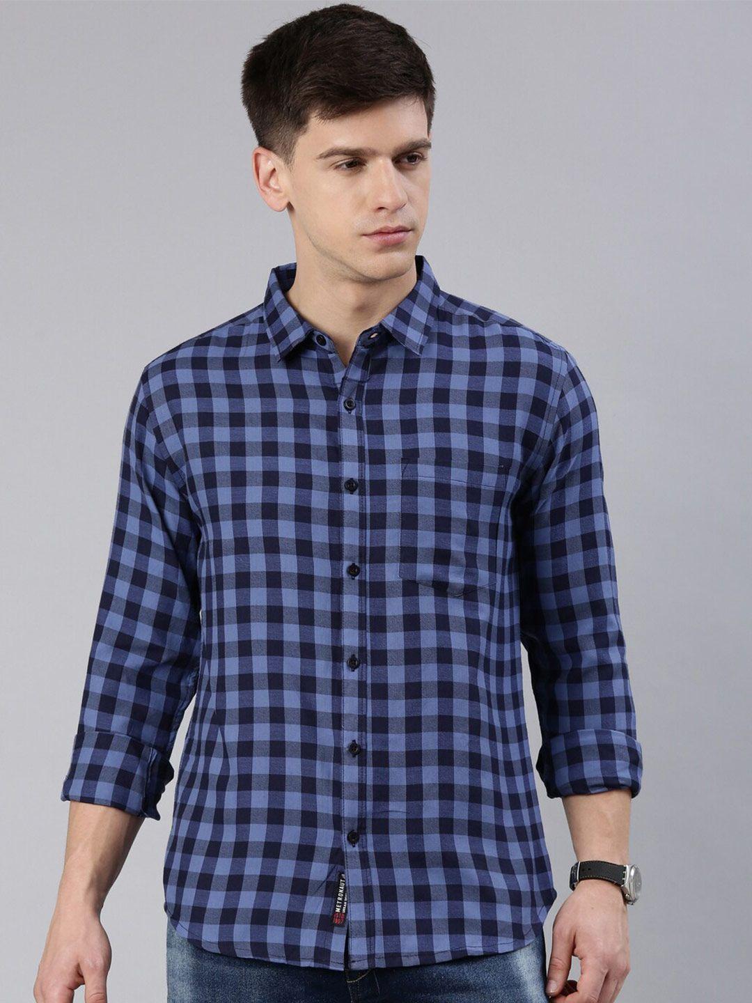 metronaut men navy blue slim fit buffalo checks opaque checked casual shirt