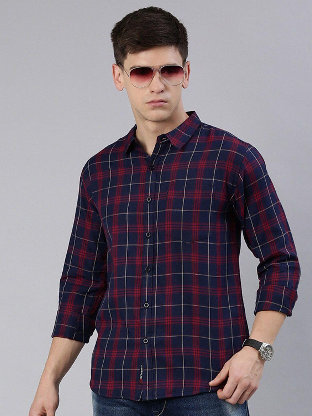 metronaut men navy blue slim fit tartan checks opaque checked casual shirt